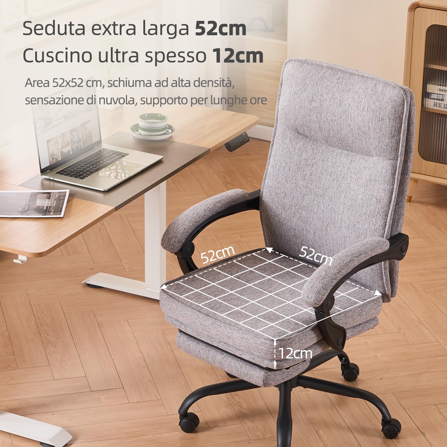 MZLEE Sedia da ufficio ergonomica, sedia da scrivania, sedia direzionale, sedia per computer, ergonomica con poggiapiedi e schienale regolabile 90-135° per ufficio a casa, grigia, in tessuto, 150 kg