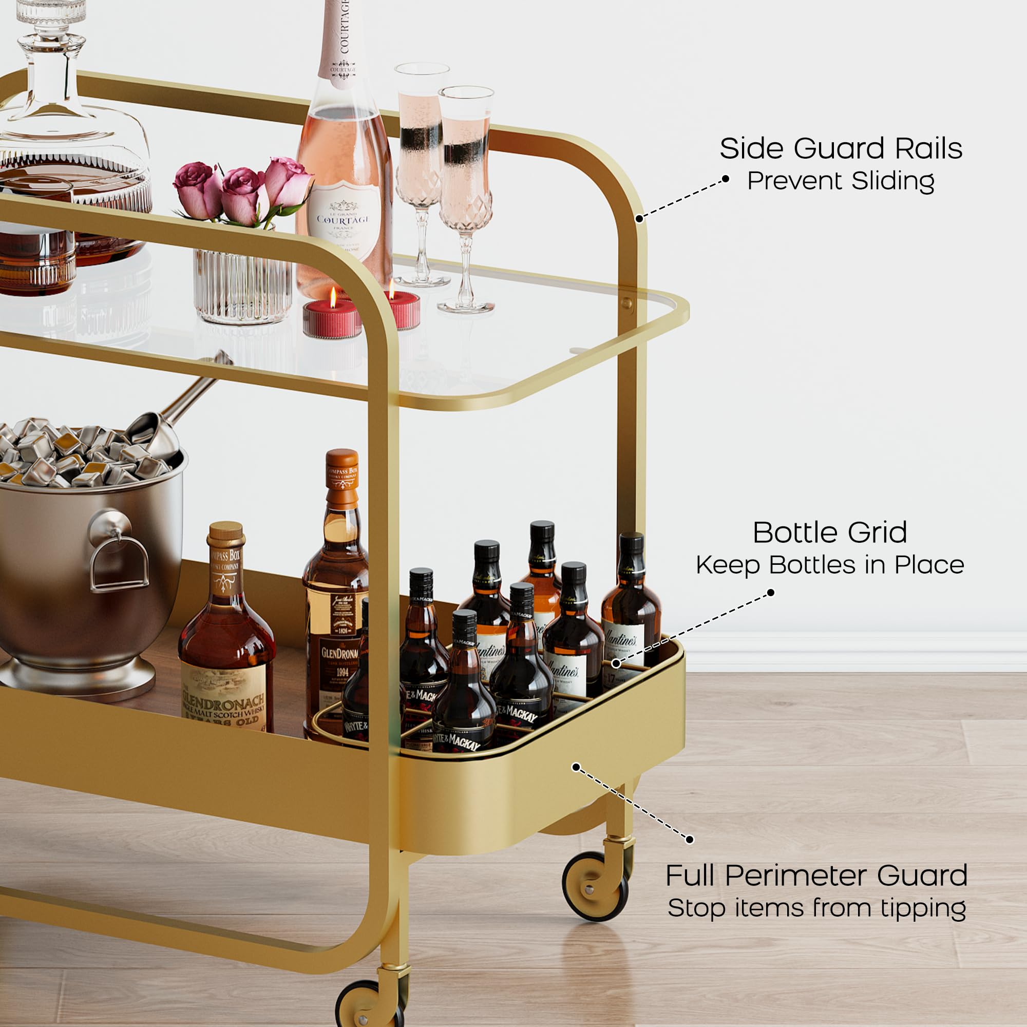 Carrito de Bar 2 Niveles, Carrito de Bebidas con Bandeja de Vidrio Templado y Rejilla para Botellas, Carro de Bar con Ruedas Bloqueables, Carrito Multiusos para Cocina, Salón, Dorado