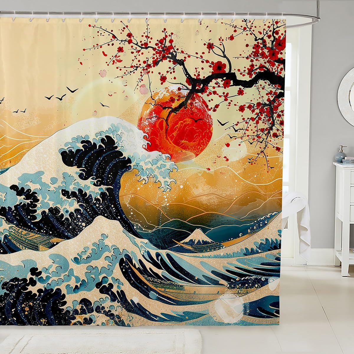 Feelyou Japanese Wave Shower Curtain 72"x78" Kids Cherry Blossoms Bathroom Shower Curtain Set for Boys Girls Japanese Ukiyoe Theme Home Decor Bath Curtain Red Sun Japanese Style Bathroom Accessories