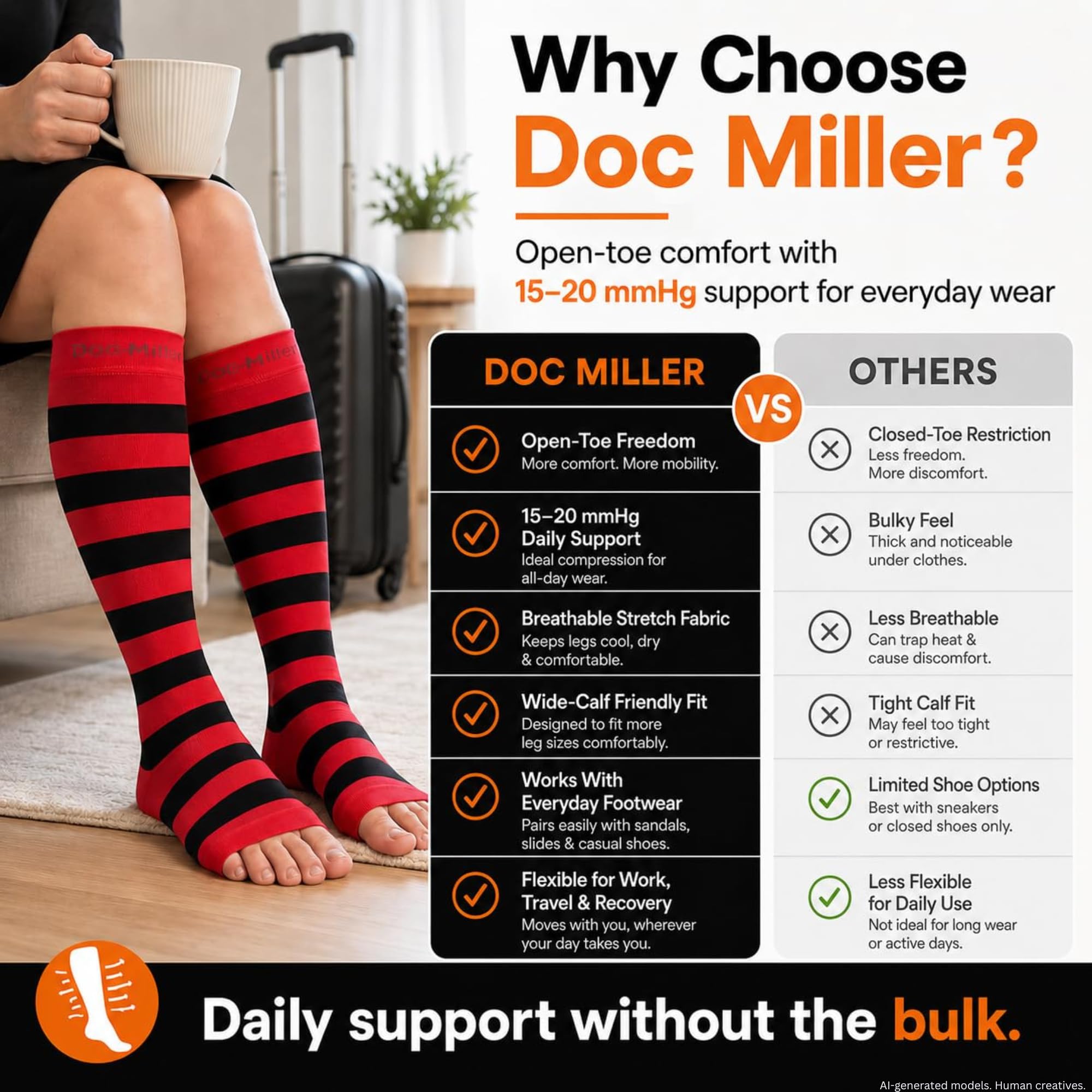 Doc Miller Calcetines de compresión de punta abierta para mujeres y hombres, 15-20 mmHg, medias de pantorrilla ancha hasta la rodilla para embarazo, venas varicosas, férulas de espinillas, hinchazón