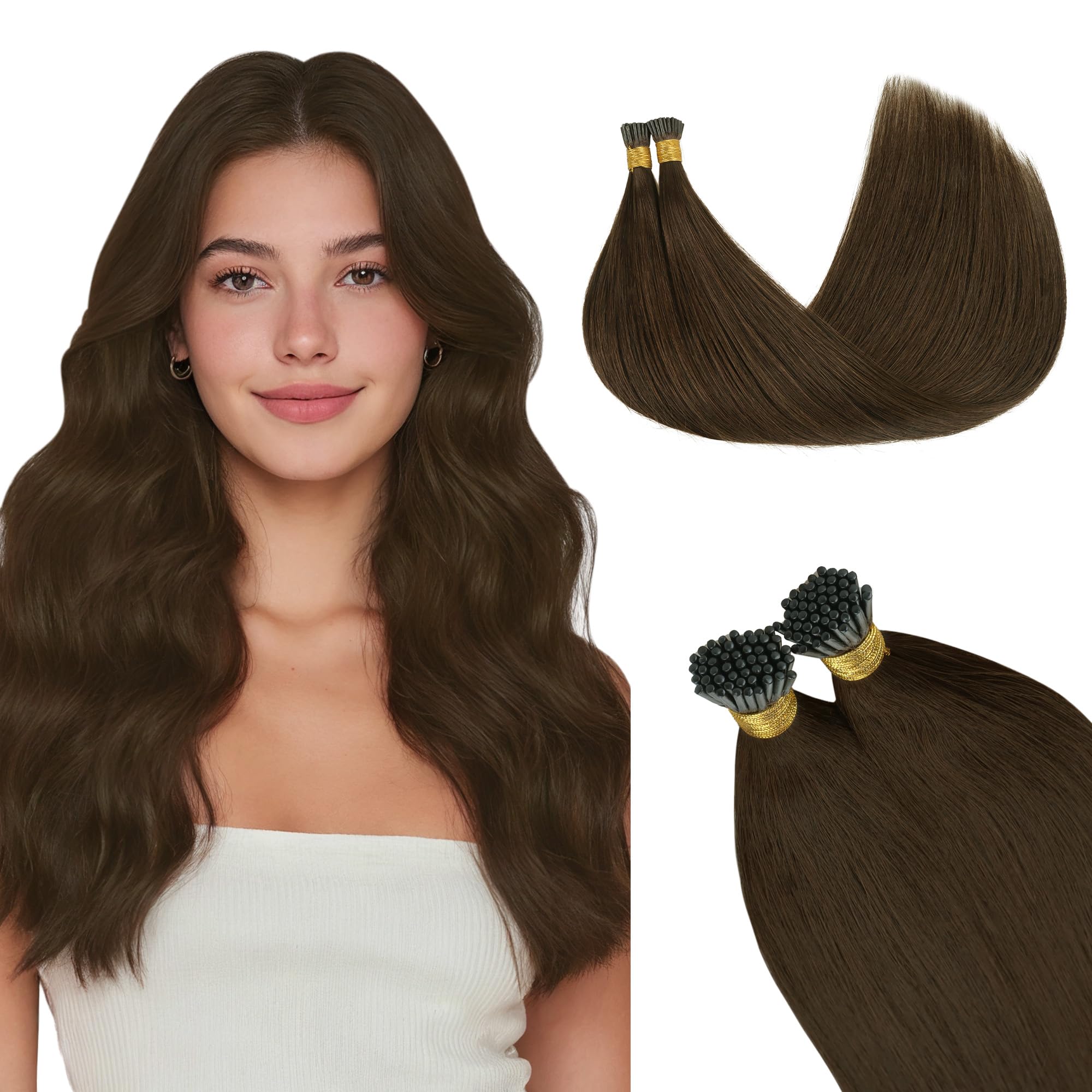 GOO GOO I Tip Hair Extensions, Real Human Hair, 20inch 100g 100S, Cold Fusion I Tip, Invisible Remy, 4A Chocolate Brown