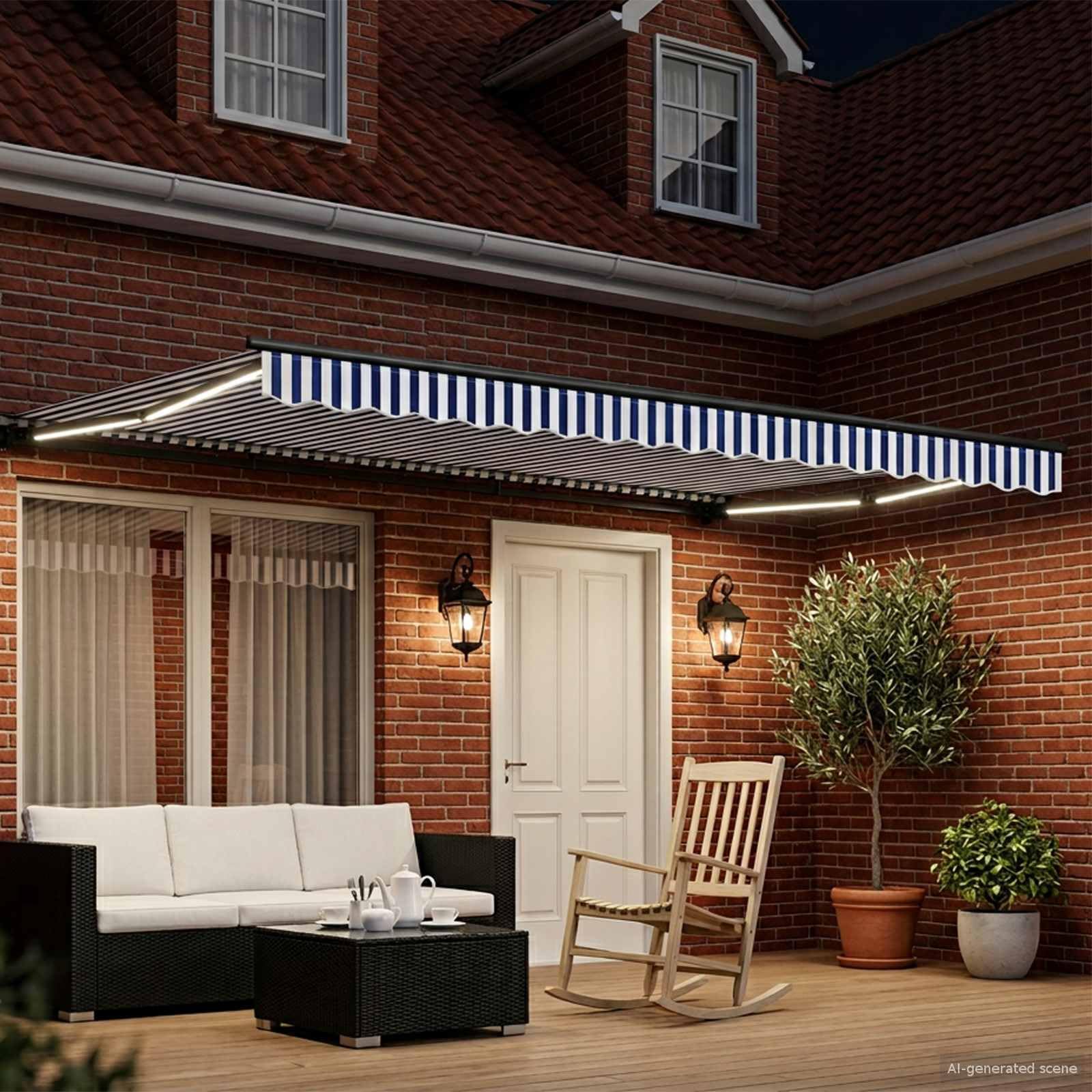 Tenda da Sole Elettrica, Poliestere, Parete, Blu Bianco Antracite, 4x3.5 m