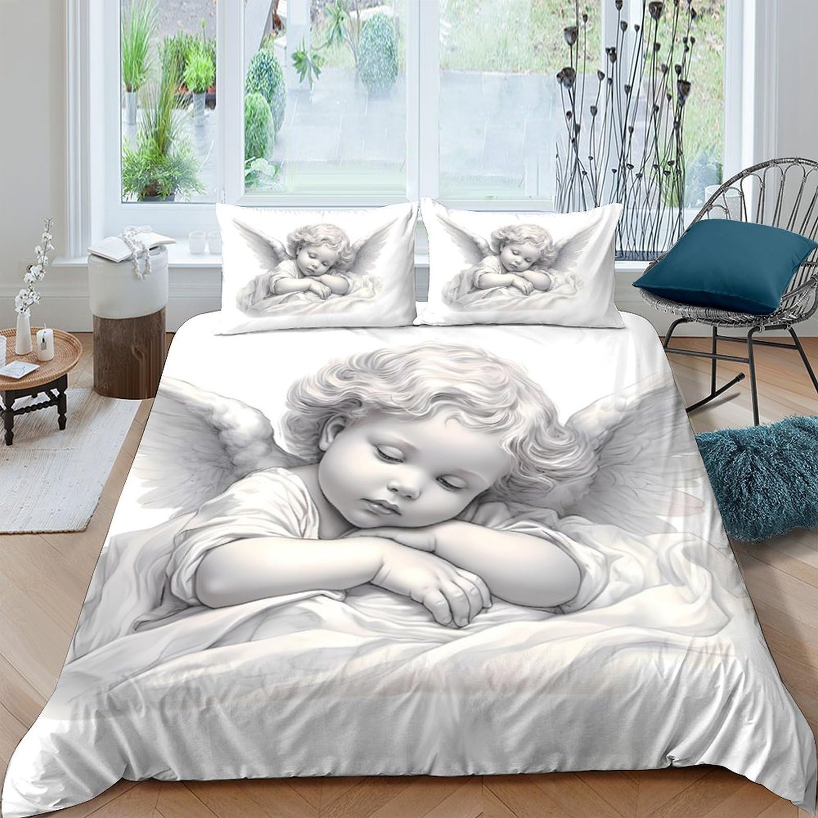 Ctjqhvkz Style-3 3D Printed Angel Sleeping Fitted Sheet Microfiber Soft White Cherub Bed Cover For Bedroom Guest Room Decor Single（135X200cm）