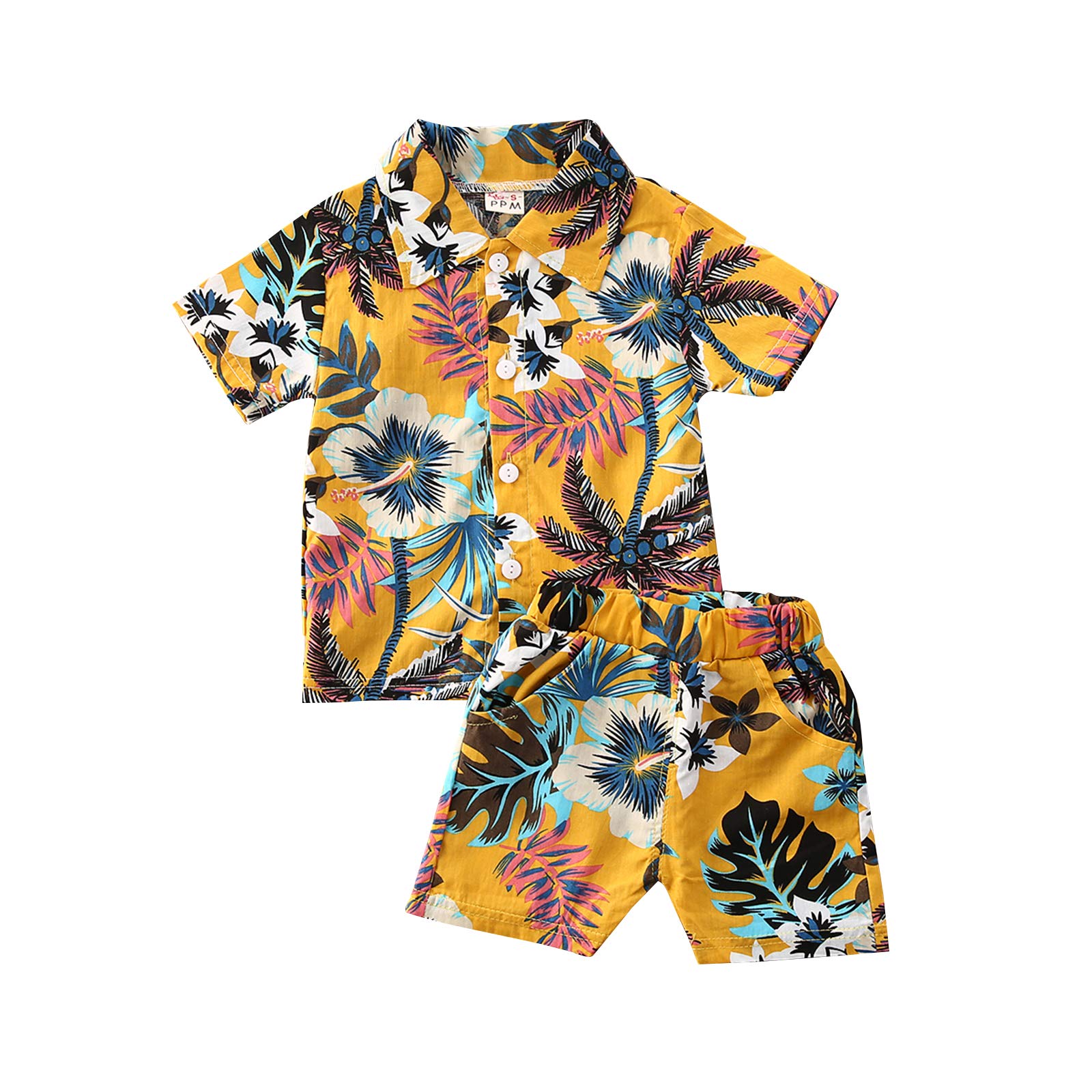 Carolilly 2 Piezas Conjunto Verano Bebé Niño Traje Casual Camisa de Manga Corta Camiseta Abotonada con Estampado de Hojas + Pantalones Cortos para Playa Mar