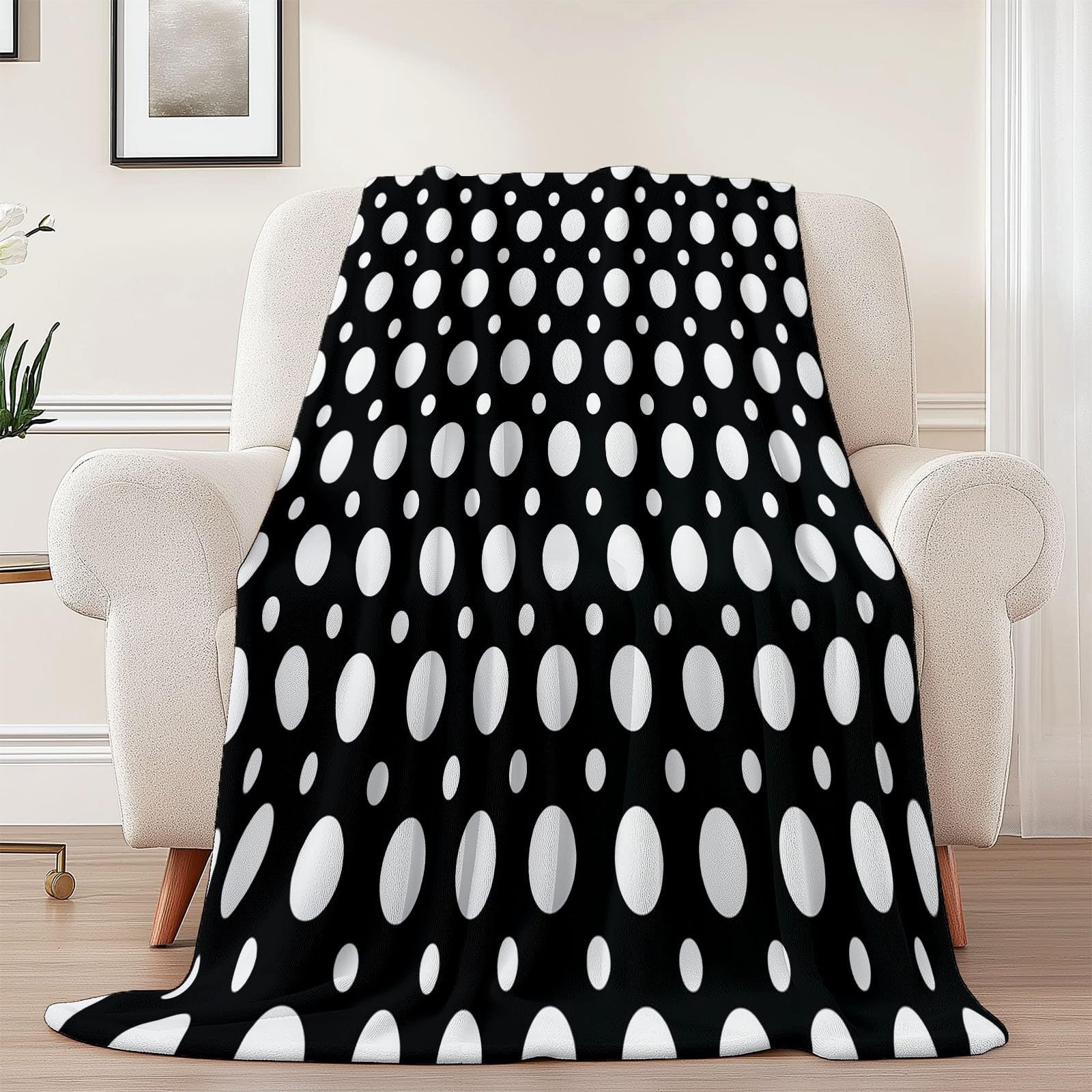 Manta de Franela Puntos Simples para Mujeres y Hombres, Manta de Felpa de Franela Suave para sofá Cama, decoración de habitación Infantil 200 x 220 cm Blanco Negro