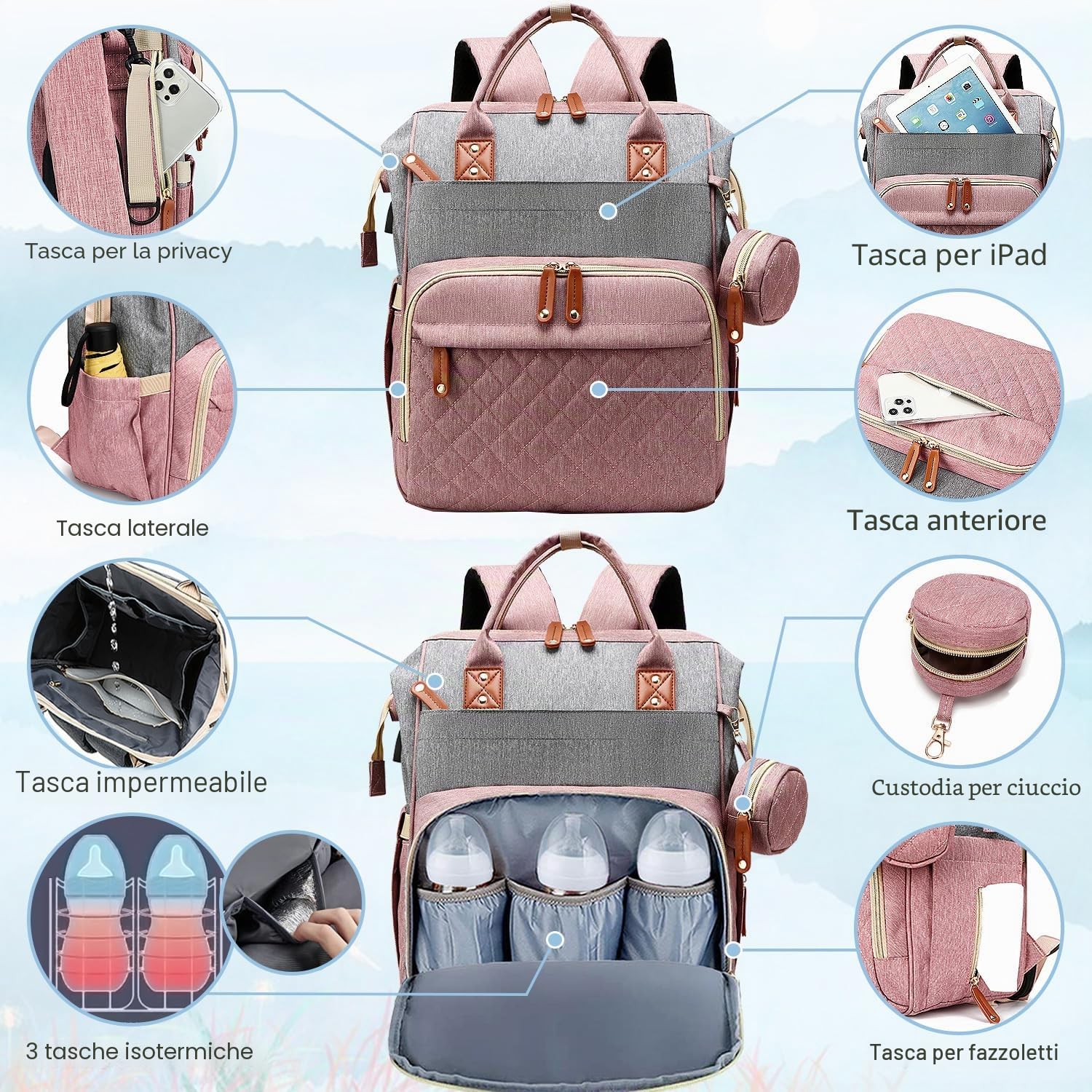 SHITIESHOU Borsa per pannolini, zaino per bambini, per papà, mamma, con imbottitura, 16 tasche