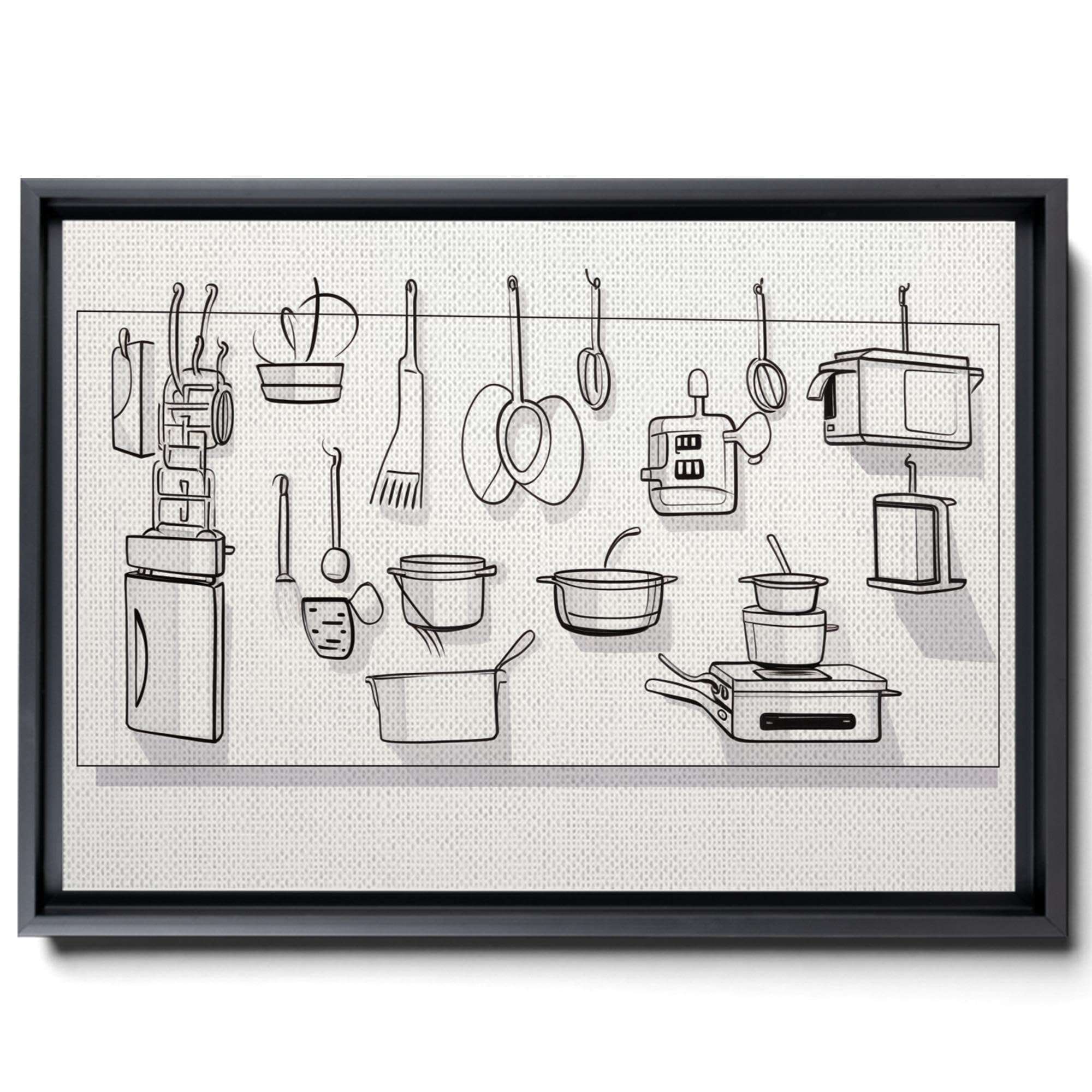 A Drawing Of Kitchen Utensils On A White Tile, In The Style Of Minimalistic Metal Sculptures, Bold, Cartoonish Lines, Minimalist Canvases, Sketchfab, Canvas