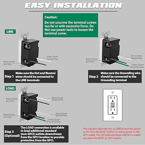 Miniatura 5 de ELECTECK Paquete de 5 salidas GFCI de 15 amperios, no resistentes a manipulaciones, receptáculos GFI decorativos con indicador LED, interruptor de