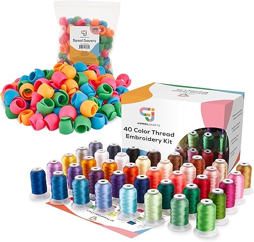 Paquete de accesorios de bordado 2 en 1 incluye kit de bordado de hilo de poliéster de 40 colores 1,640.4 ft y 100 piezas. Ahorradores de carrete de