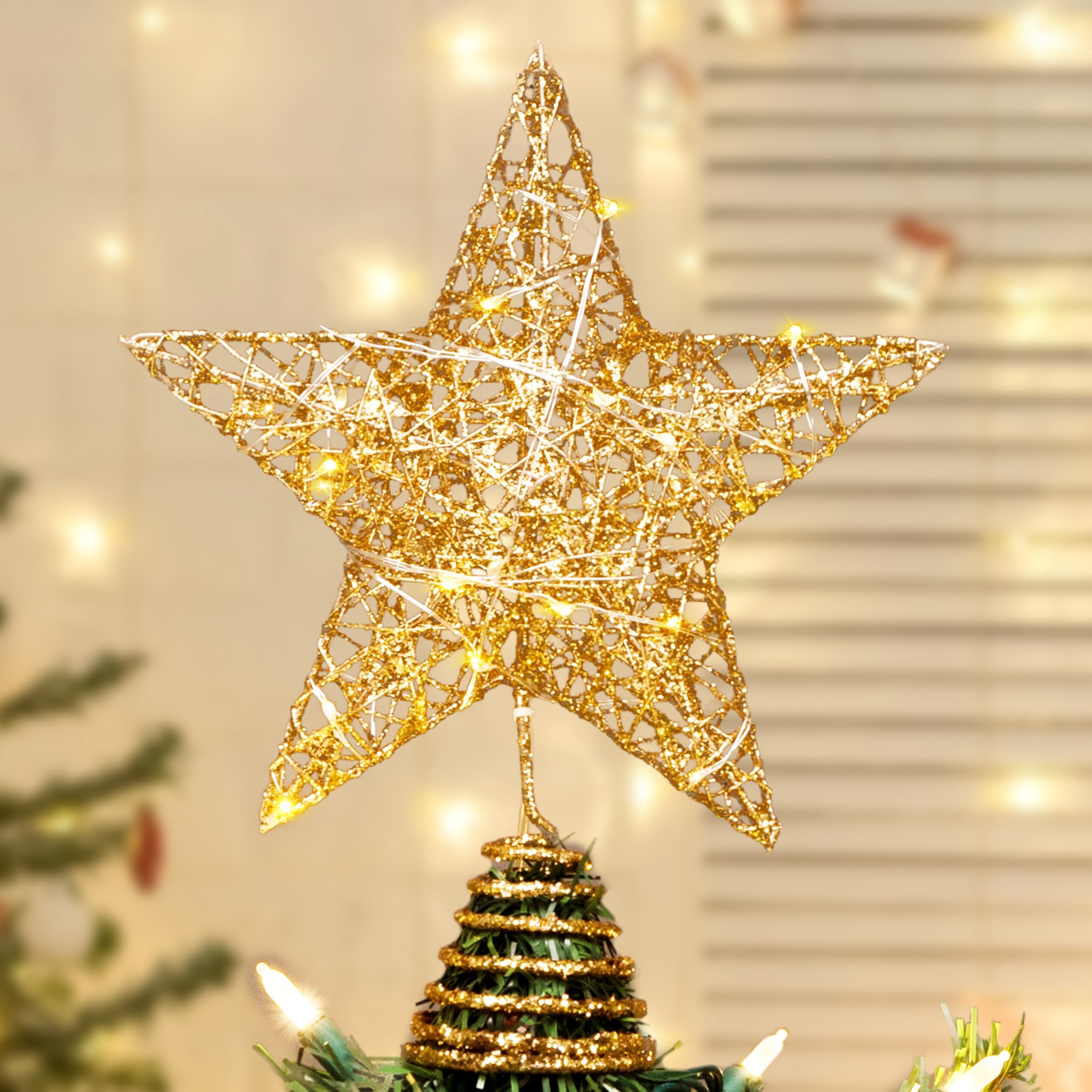 Golden Christmas Tree Star Topper, Glittering Christmas Topper, 20cm Gold Star Tree Topper, Star Christmas Decoration, Gold Christmas Ornament, Glitter Star Topper, Treetop Christmas Decoration.