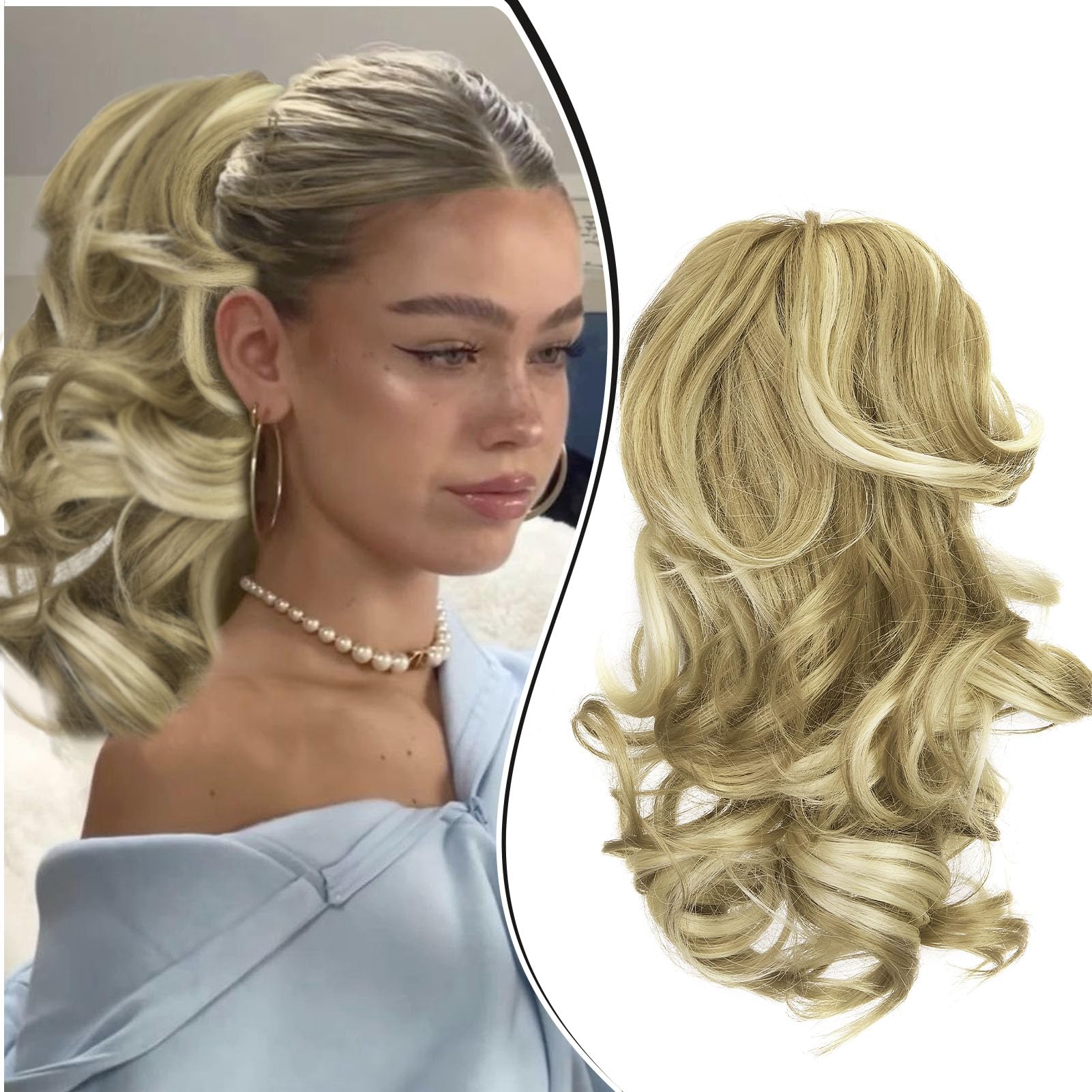 Dcbaboo Short Ponytail Extension Curly 12inch Claw Clip in Ponytail Hair Extensions Long Wavy Synthetic Pony tails Natural Wave One Piece Hairpiece Fake Ponytail for Women Sandy Blonde/Bleach Blonde