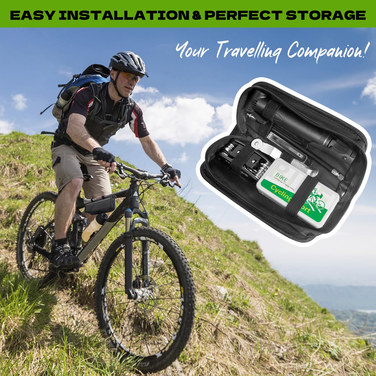 Ninonly Kit Riparazione Bici 38PCs Kit Riparazione Pneumatici Bici con 120PSI Mini Pompa d'Aria e 16 in 1 Attrezzo Multifunzione da Bici per l'uso in Situazioni di Emergenza Durante i Viaggi