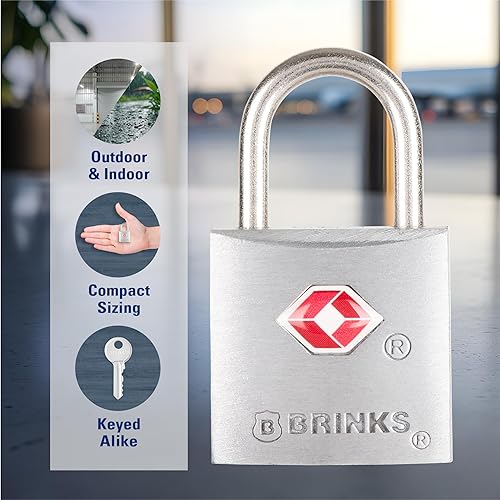 Miniatura 4 de BRINKS Candado aprobado por la TSA, aluminio de 0.866 in, cromado con grillete de acero endurecido, cerraduras TSA para equipaje, paquete de 2