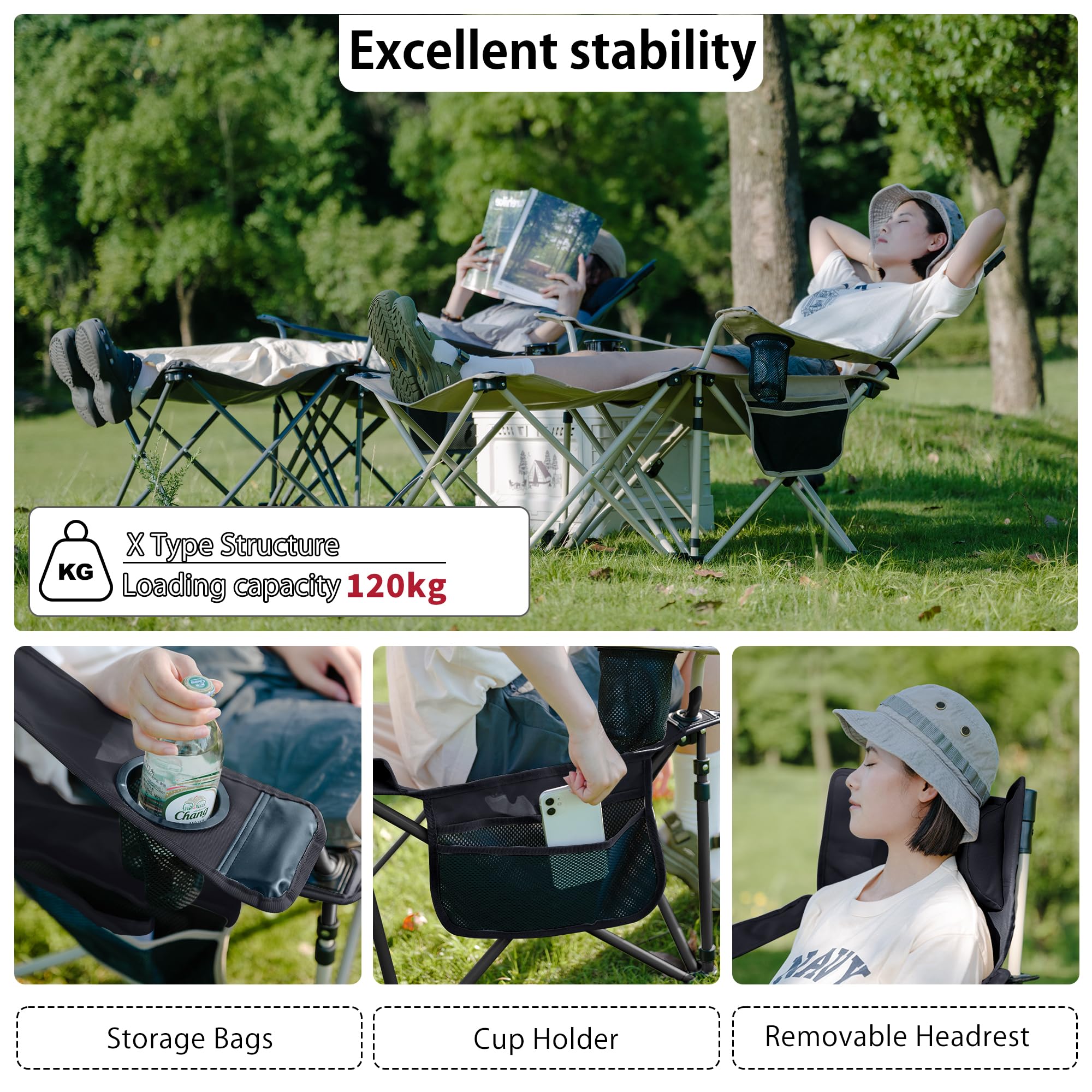 Naturehike 3-in-1 Camping-Klubsessel Liegestuhl Klappbarer Tragbarer Freizeitstuhl Verstellbarer Campingstuhl mit Abnehmbarer Fußstütze/Tisch/Hocker, Kopfstütze, Getränkehalter mit Handtasche