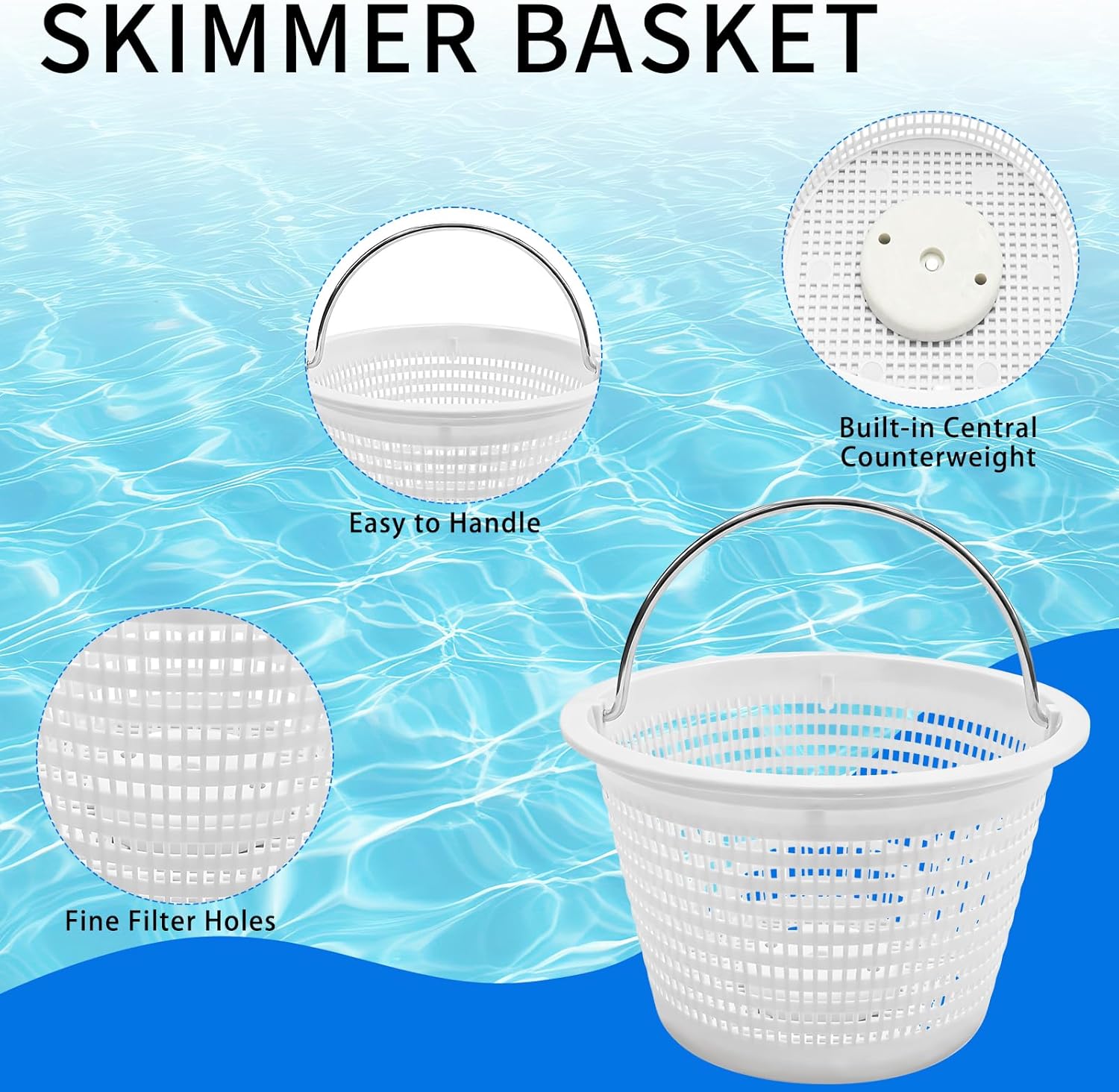 2 Pack Pool Skimmer Basket for Inground Pool, 8 Inch Plastic Skim Filter Basket with Stainless Steel Handle and Weighting Block for Remove Leaves and Debris, White