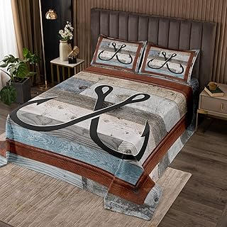 Fish Hook Anchor Kids Bedspread Queen Size,Lake House Cabin Nautical Coverlet Set,Girls Boys Adults Room Decor,Wooden Board Stripes Quilted Coverlet,Rustic Farmhouse Bedding Quilt,2 Pillowcases