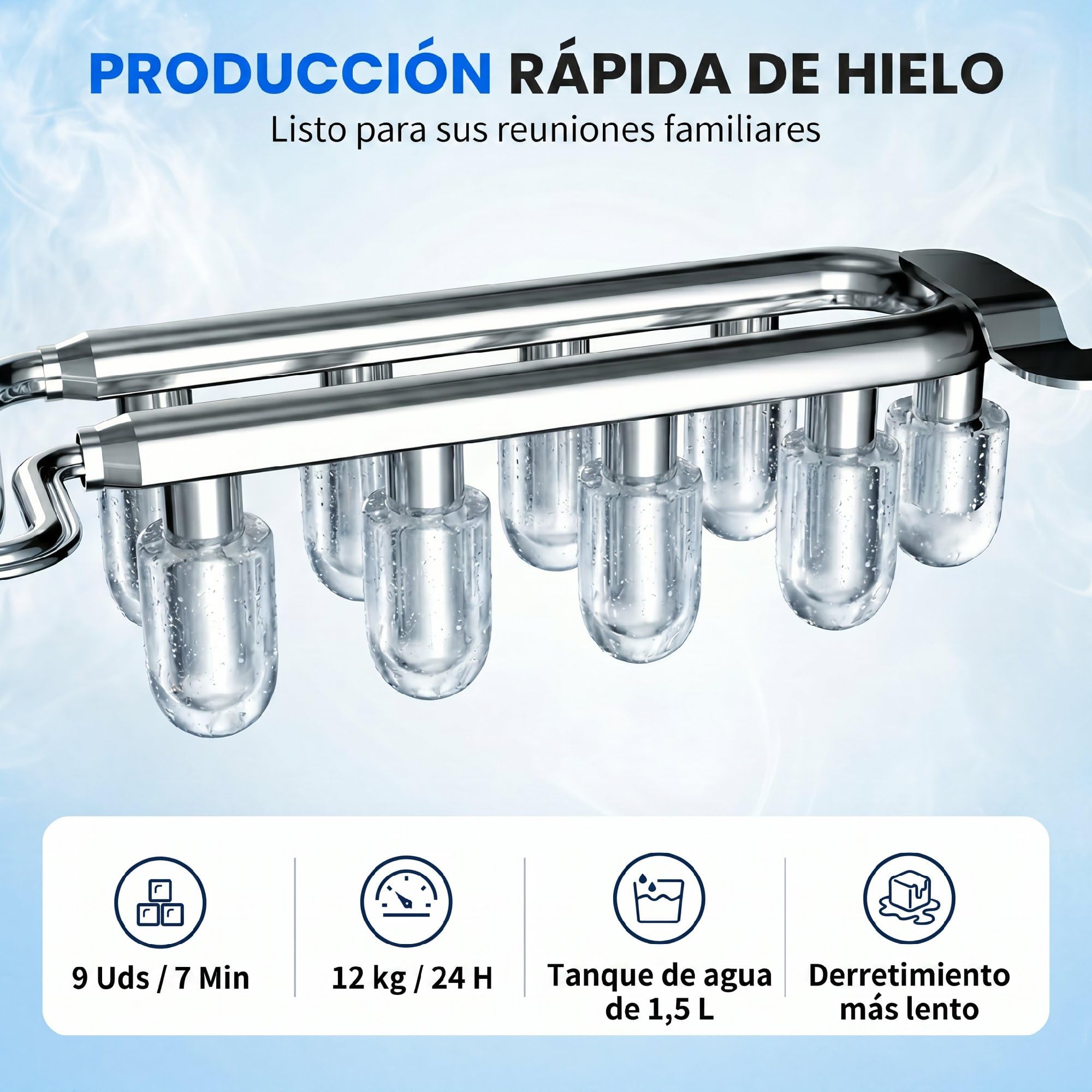HOMCOM Máquina de Hielo, Máquina de Cubitos de Hielo Autolimpiable, 12 kg/24H, 9 Cubitos Listos en 7 Minutos, 2 Tamaños de Hielo, 1,5L Depósito, para Hogar, Cocina, Oficina, Bar, Azul — view 3