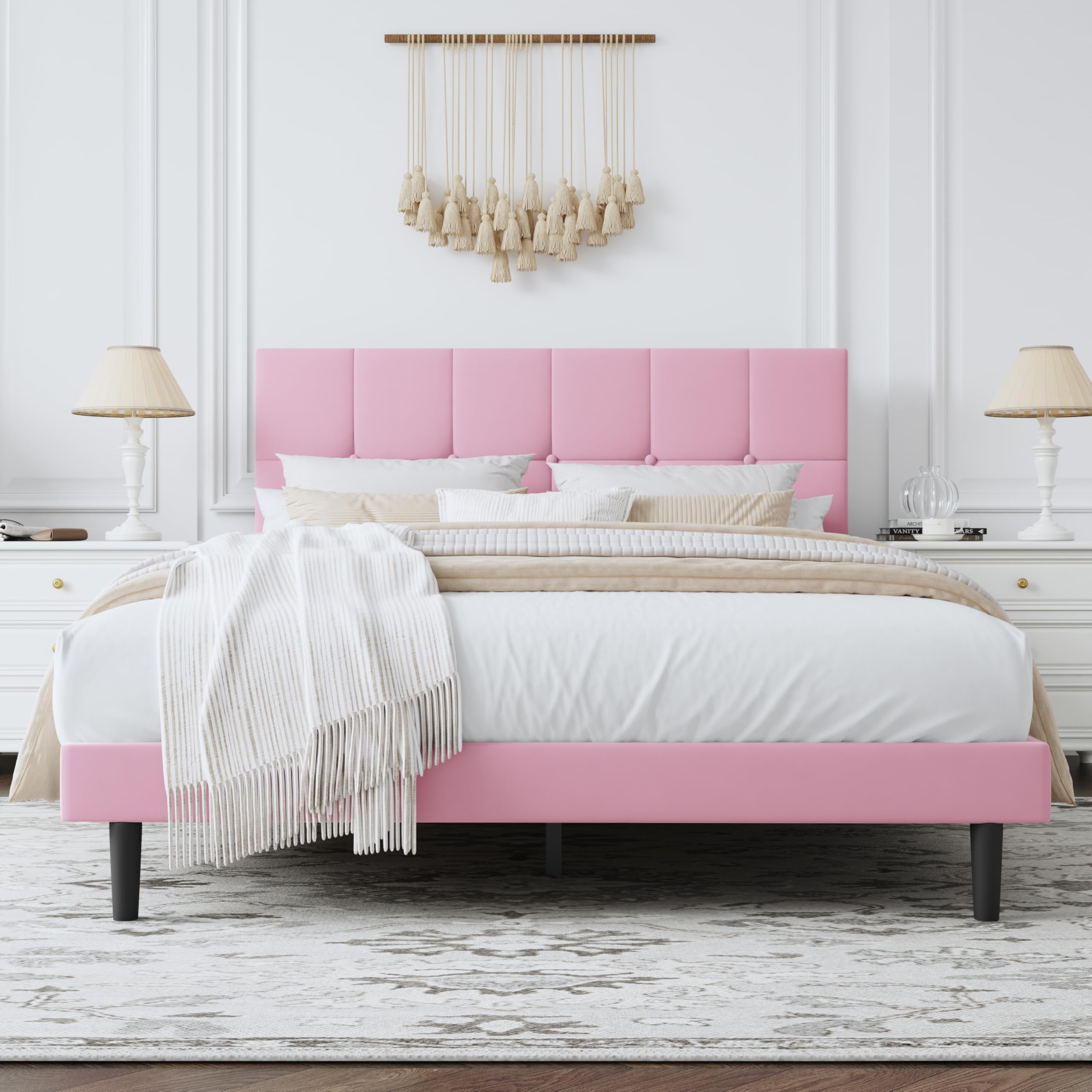 Photo 1 of ZZBINUS Queen Bed Frame, Velvet-Upholstered Platform Bed Frame with Tufted Button Headboard, Sturdy Slatted Mattress Base, No Spring Mattress Required, Easy to Assemble, Pink