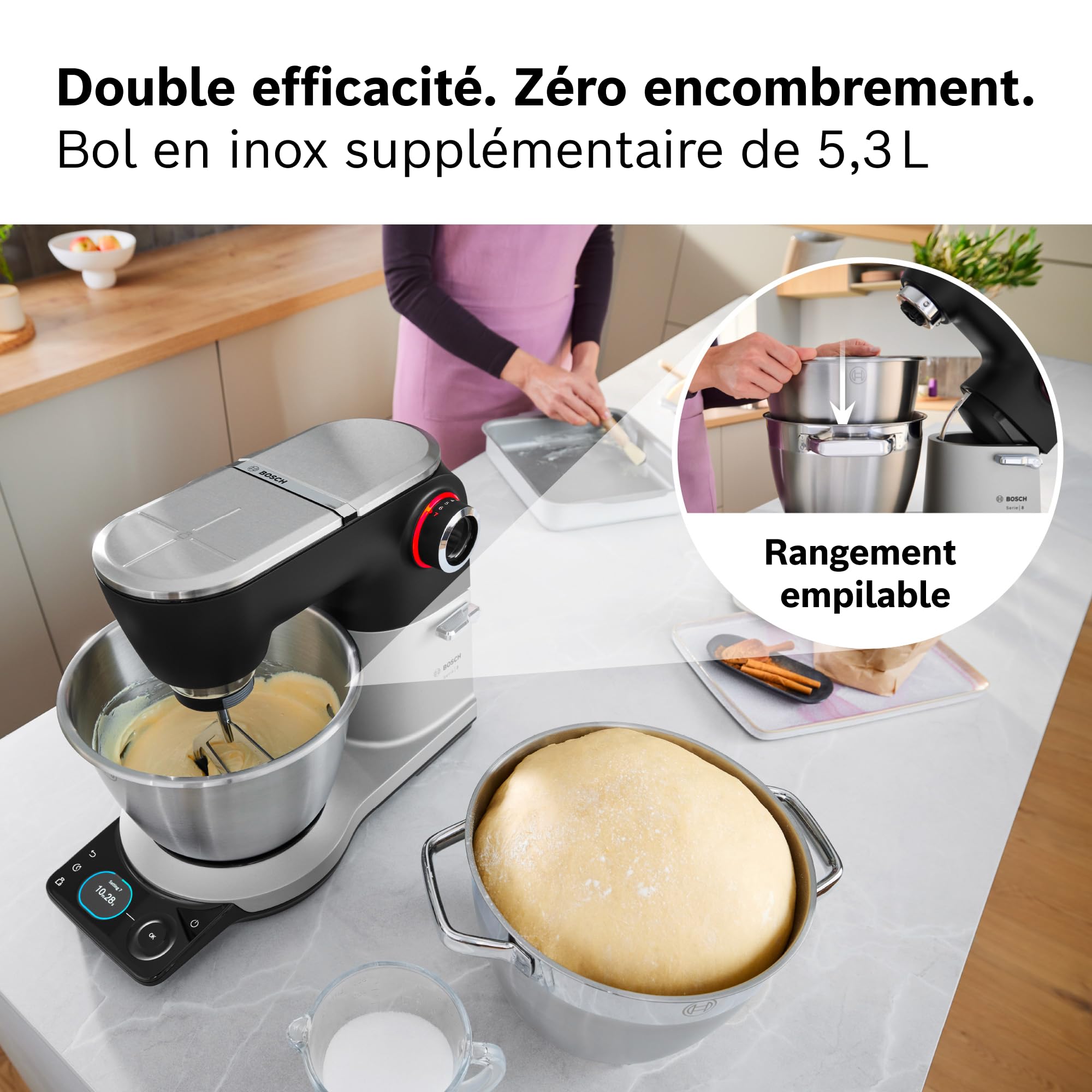 Bosch Robot pâtissier Série 8, avec balance intégrée, moteur 1800 W refroidi par air, mélange homogène 3D, set pâtisserie, bol 6,0 L, bol supplémentaire 5,3 L, châssis en métal noir/argent, MUMS8ZS18