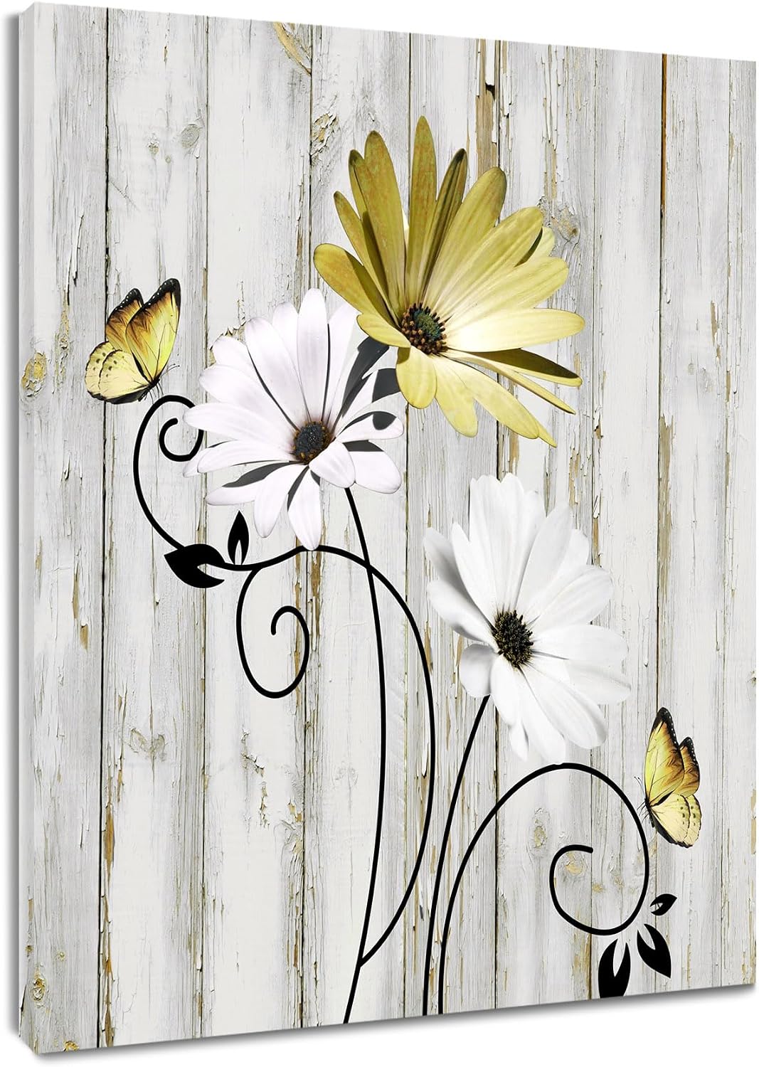 HVEST Farmhouse Floral Wall Art for Living Room, Pink Daisy Flower and Butterfly Canvas Wall Art Modern Grey and White Abstract Geometric Framed Wall Art for Bedroom Bathroom Wall Decor, 12X16 inch
