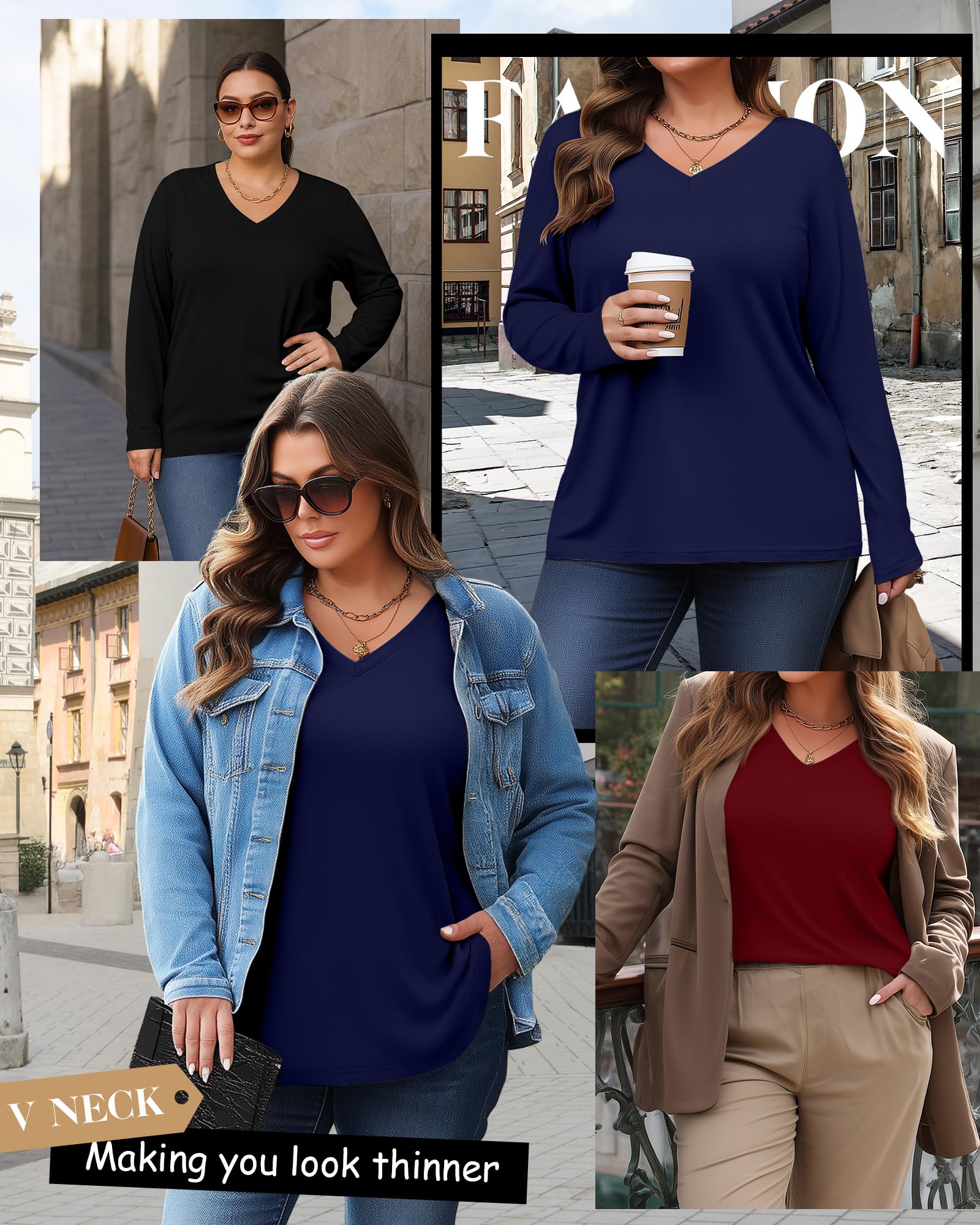Riyiper 3er-Pack Damen Große Größen V-Ausschnitt Langarmshirts