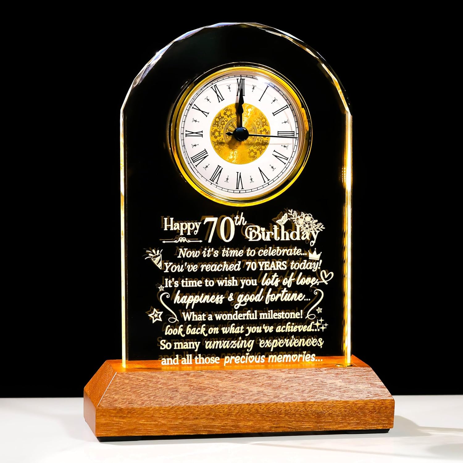 Ornalrist Happy 70th Birthday Crystal Clock Gifts for Women, Men - 70 Year Old Birthday Gift for Mom, Dad - Turning 70 Quartz Clock with Wooden Light Base Home Office Decor (9'' Gift Boxed) - Image 7