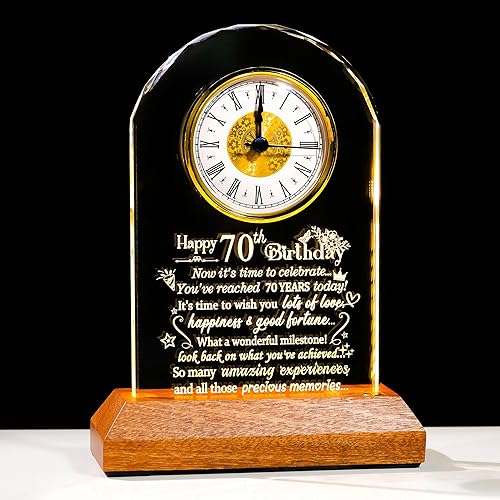 Miniatura 7 de Ornalrist Reloj de cristal de feliz cumpleaños 70 para mujeres y hombres, regalo de cumpleaños de 70 años para mamá, papá, reloj de cuarzo giratorio