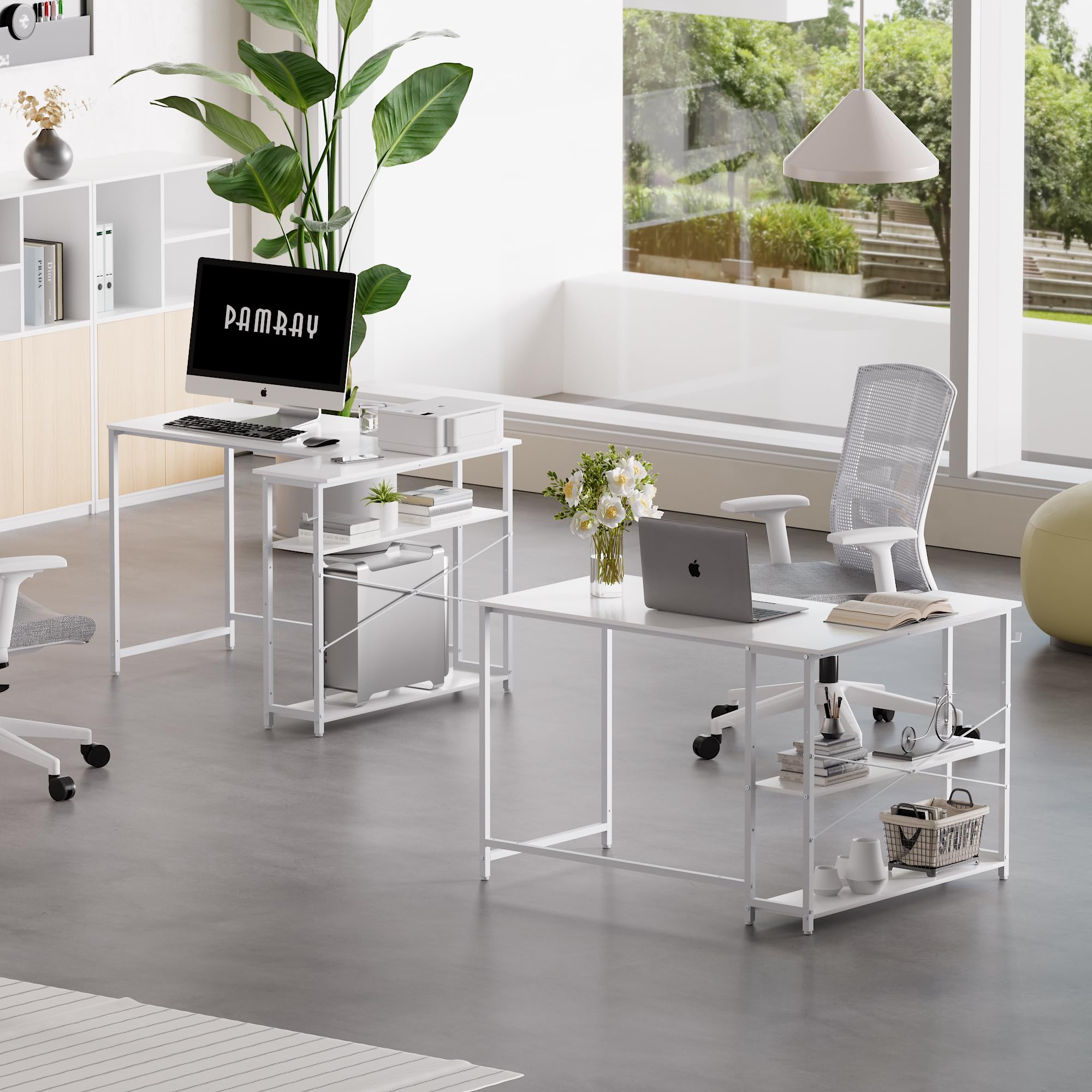 PAMRAY Scrivania PC a Forma di L 109 cm, Scrivania ad Angolo con Ripiani Laterali Reversibili, Scrittoio Salvaspazio per Camera da Letto o Piccolo Ufficio, Gaming Desk, Bianca