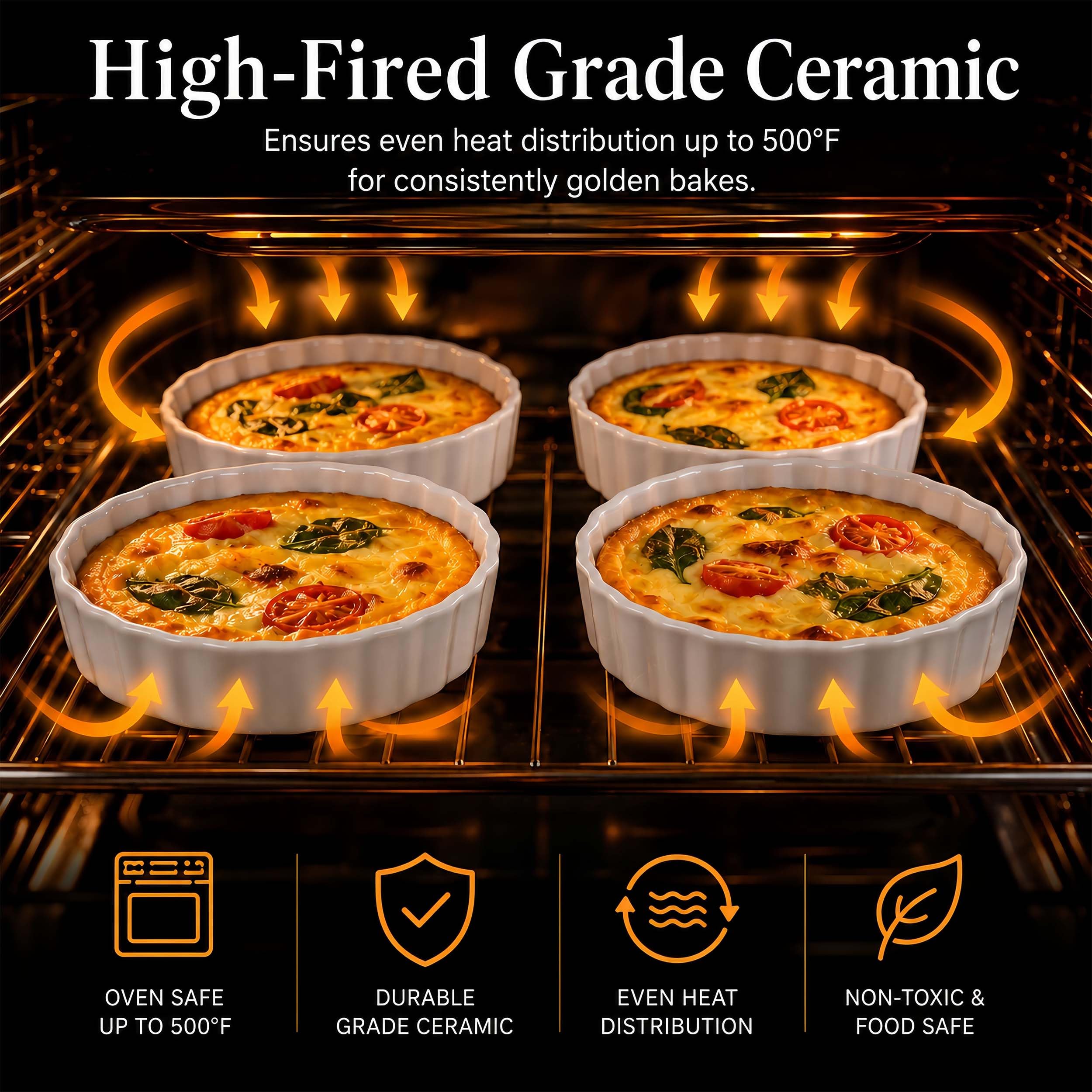 Ramequines de 5 pulgadas, juego de 4 platos de cerámica para hornear, ramequines ondulados, aptos para horno, redondos, porcelana, creme brulee, remedios de cocina para hornear, aptos para
