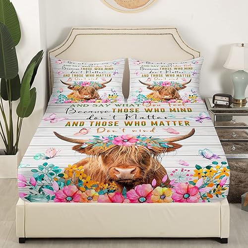 Erosebridal Highland - Juego de sábanas bajeras con diseño de flor de vaca, tamaño matrimonial, diseño de vaca y toro marrón, diseño de animales