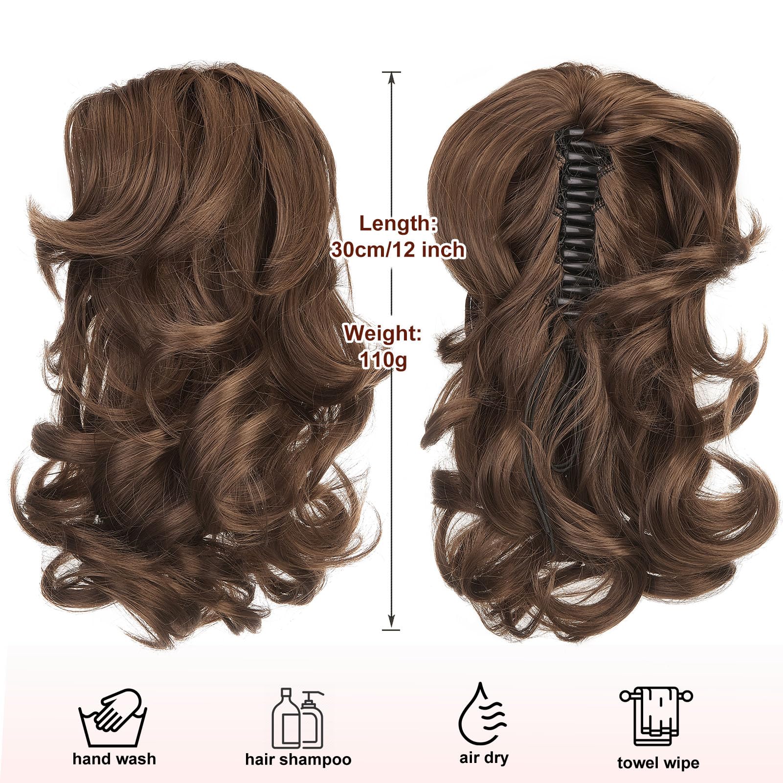 Dcbaboo Short Ponytail Extension Curly 12inch Claw Clip in Ponytail Hair Extensions Long Wavy Synthetic Pony tails Natural Wave One Piece Hairpiece Fake Ponytail for Women Dark Brown/Dark Auburn - Image 3