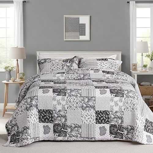 Miniatura 8 de EVENHUG Juego de edredón de retazos de 100% algodón, tamaño Queen, ligero, floral, juego de ropa de cama, colcha reversible con fundas de almohada