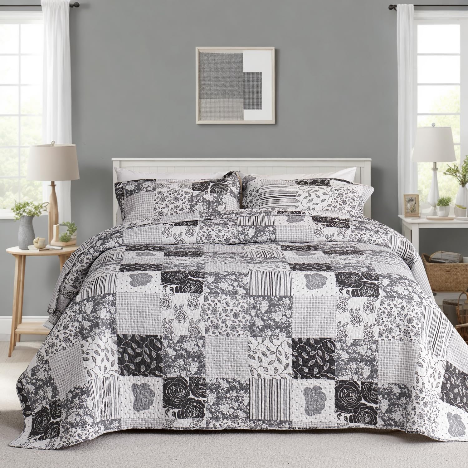 Juego de ropa de cama de algodón King EVENHUG con fundas, colcha ligera gris de patchwork floral