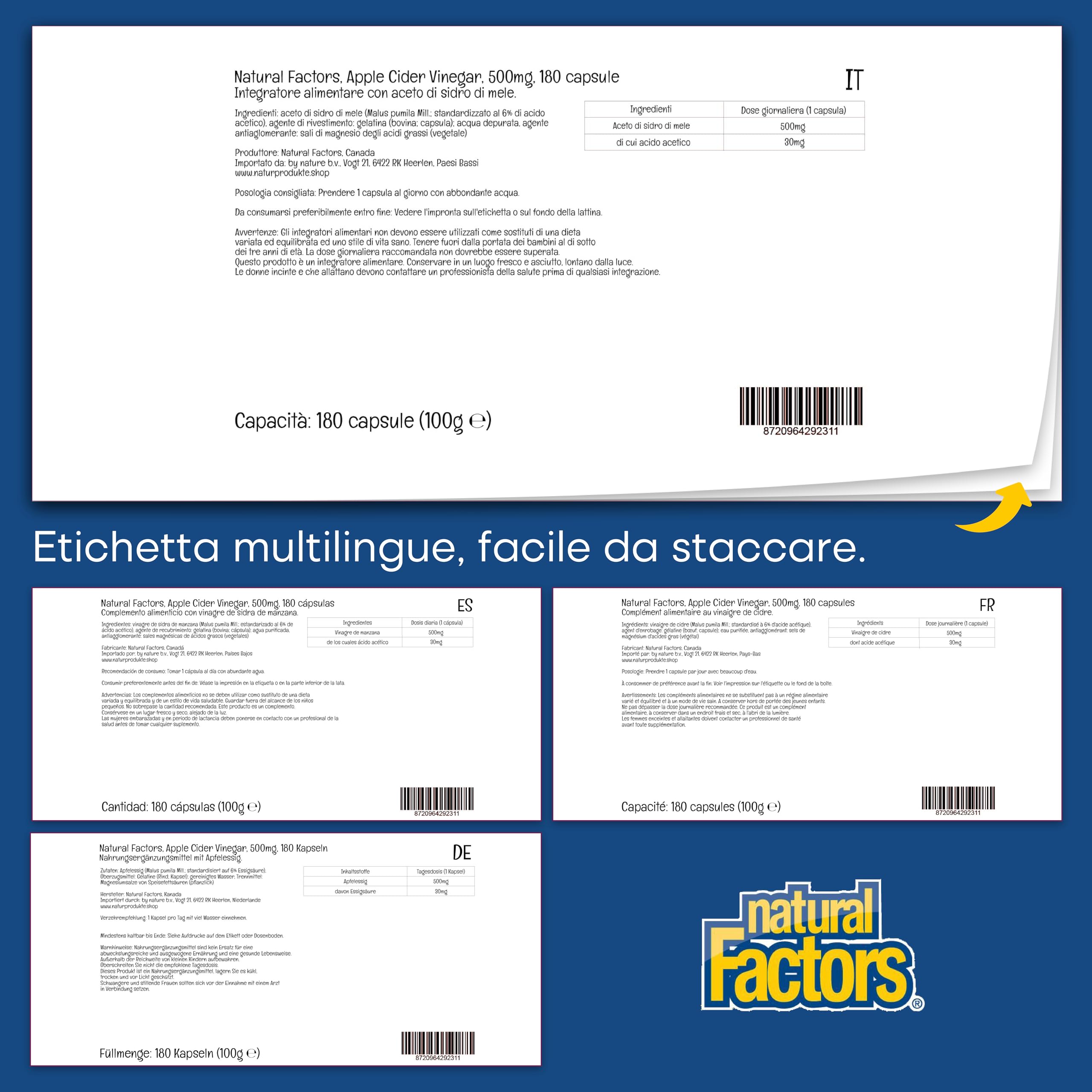 Natural Factors, Apple Cider Vinegar (Aceto di Sidro di Mele), 500 mg, Altamente Dosato, 180 Capsule vegane, Testate in Laboratorio, Vegetariane, Senza Soia, Senza Glutine, Non OGM
