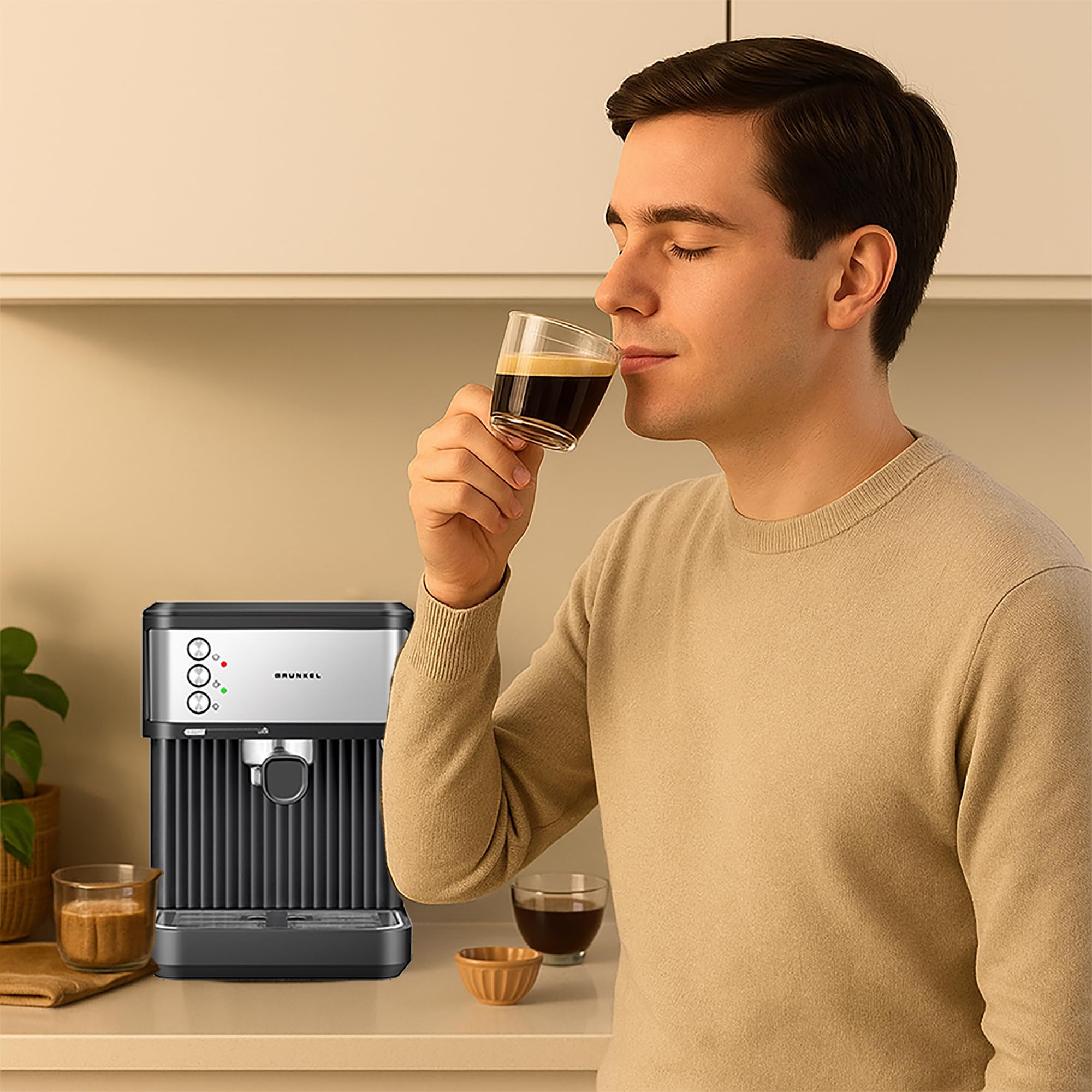 Grunkel Cafetera Espresso de 20 Bares, 850W, Panel Táctil/analogico con vaporizador orientable y brazo doble salida Depósito 1,8L (Analógica)