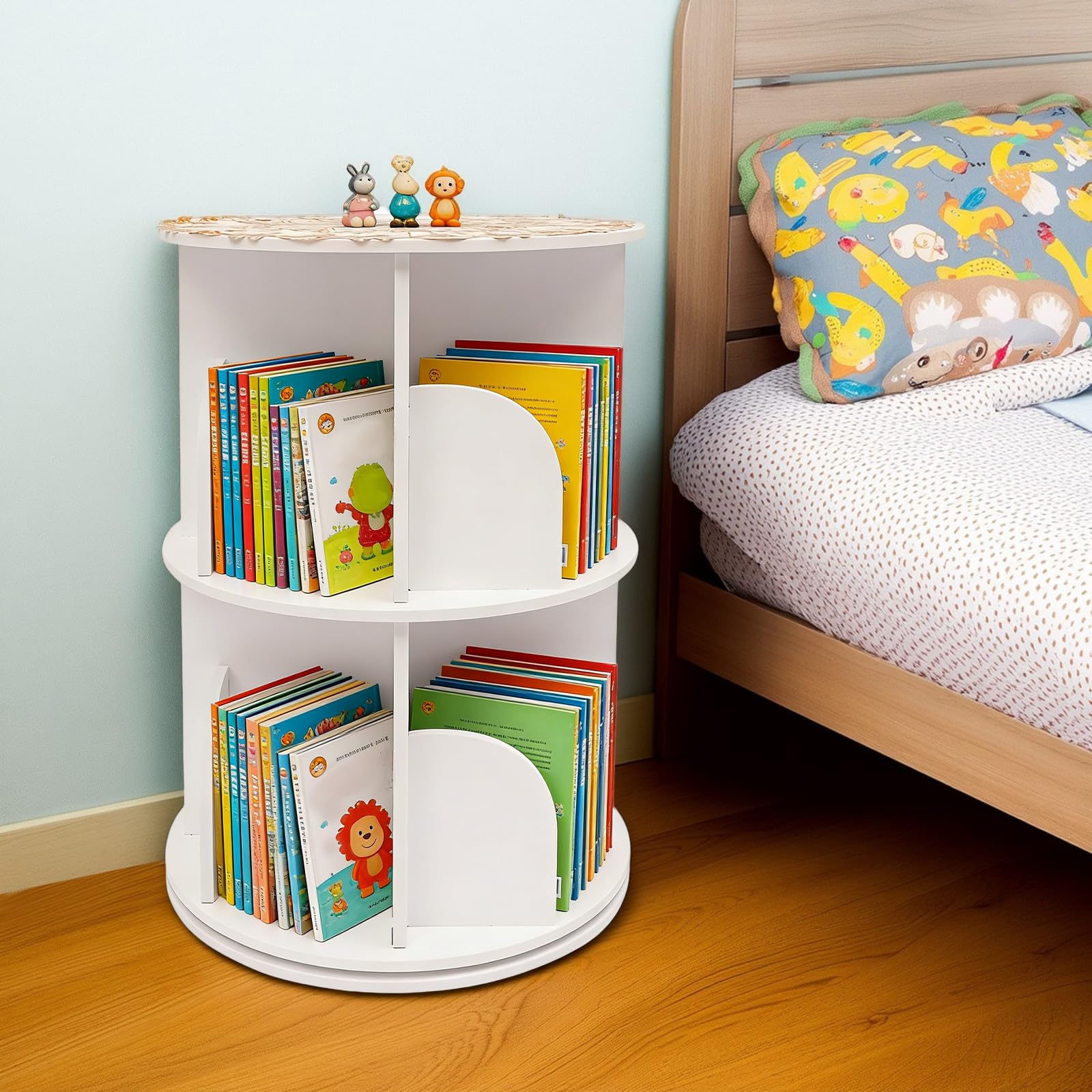 Drehbares Bücherregal Rund Bücherregal Kinder 360 Grad Rotierend Standregal Aufbewahrung, 2 Etagen 8 Fächer PVC Platzsparend Wohnzimmer Schlafzimmer Büro Weiß