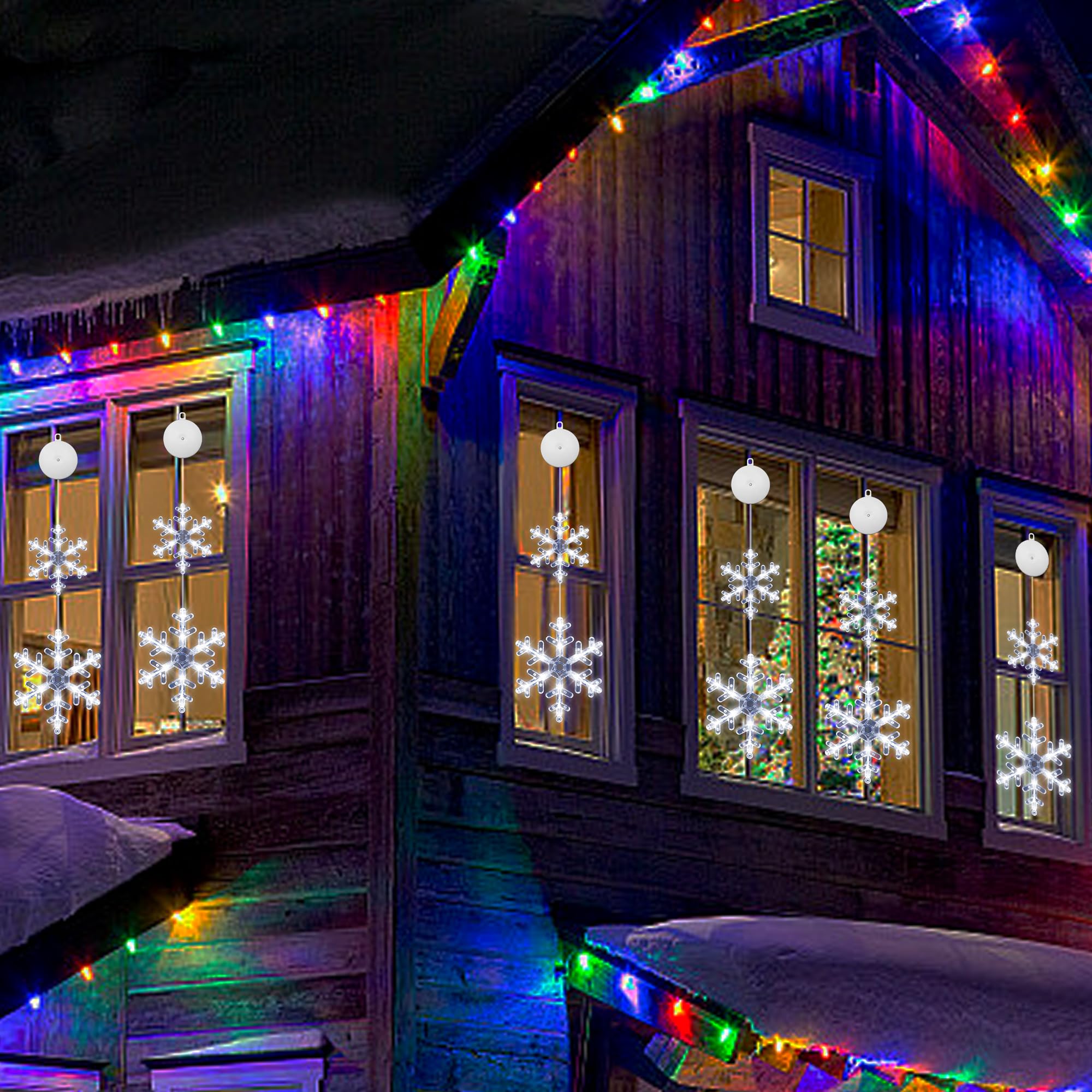 Lot de 3 décorations de fenêtre de Noël en forme de flocon de neige avec ventouse, LED à piles à suspendre pour intérieur ou extérieur
