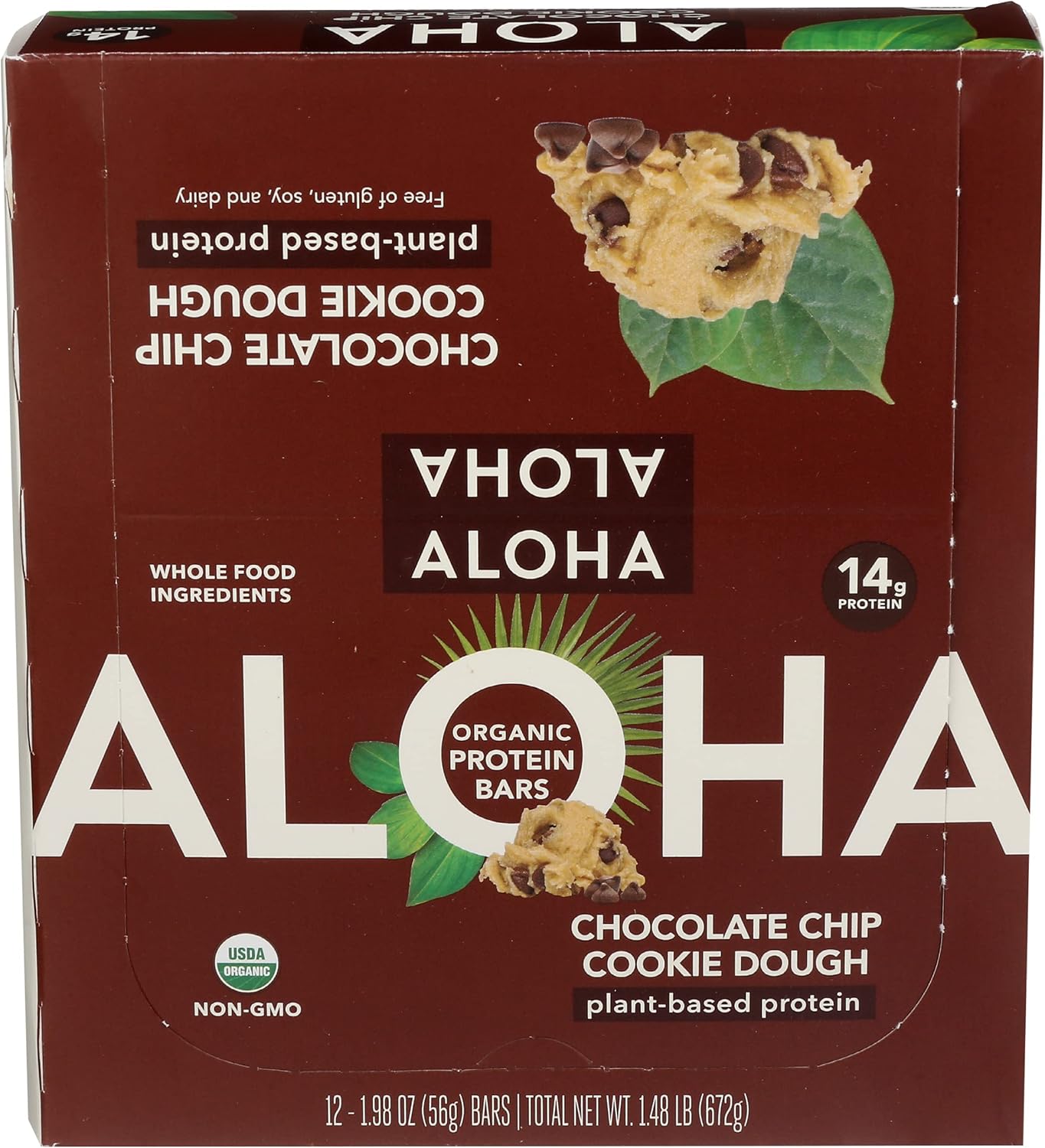 Aloha Organic Chocolate Chip Cookie Dough Protein Bars, 14g Plant-Based Protein, USDA Certified Organic, Gluten Free & Non-GMO, 1.9 Oz (Pack of 12)