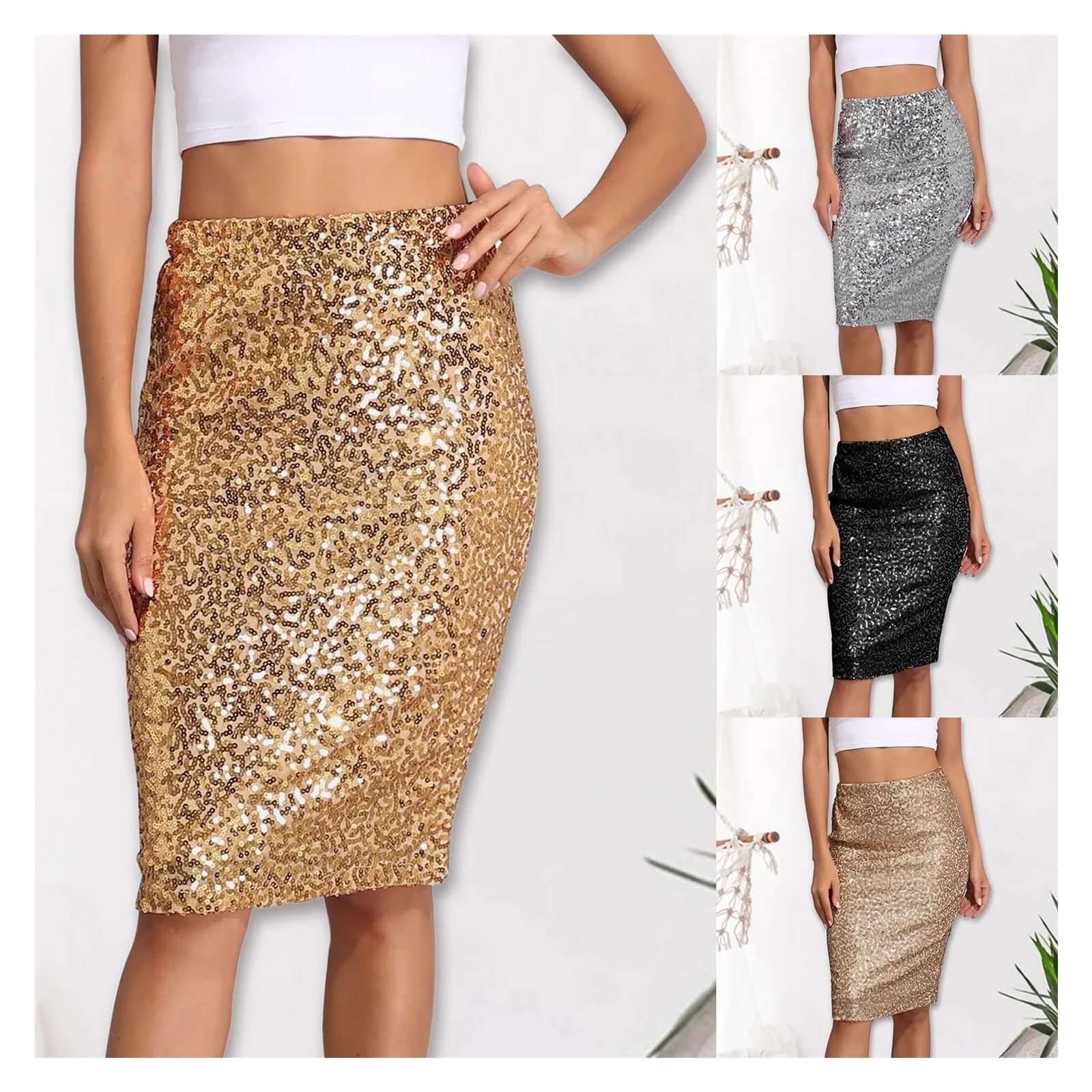 Gonna con Paillettes Nappegonna Paillettes Donna Gonna Estiva da Donna Sexy Nero Argento Oro Lucido High Street Designer Skinny Party Mini gonne a Tubino Pacchetto Gonna Anca(Black,XXL)