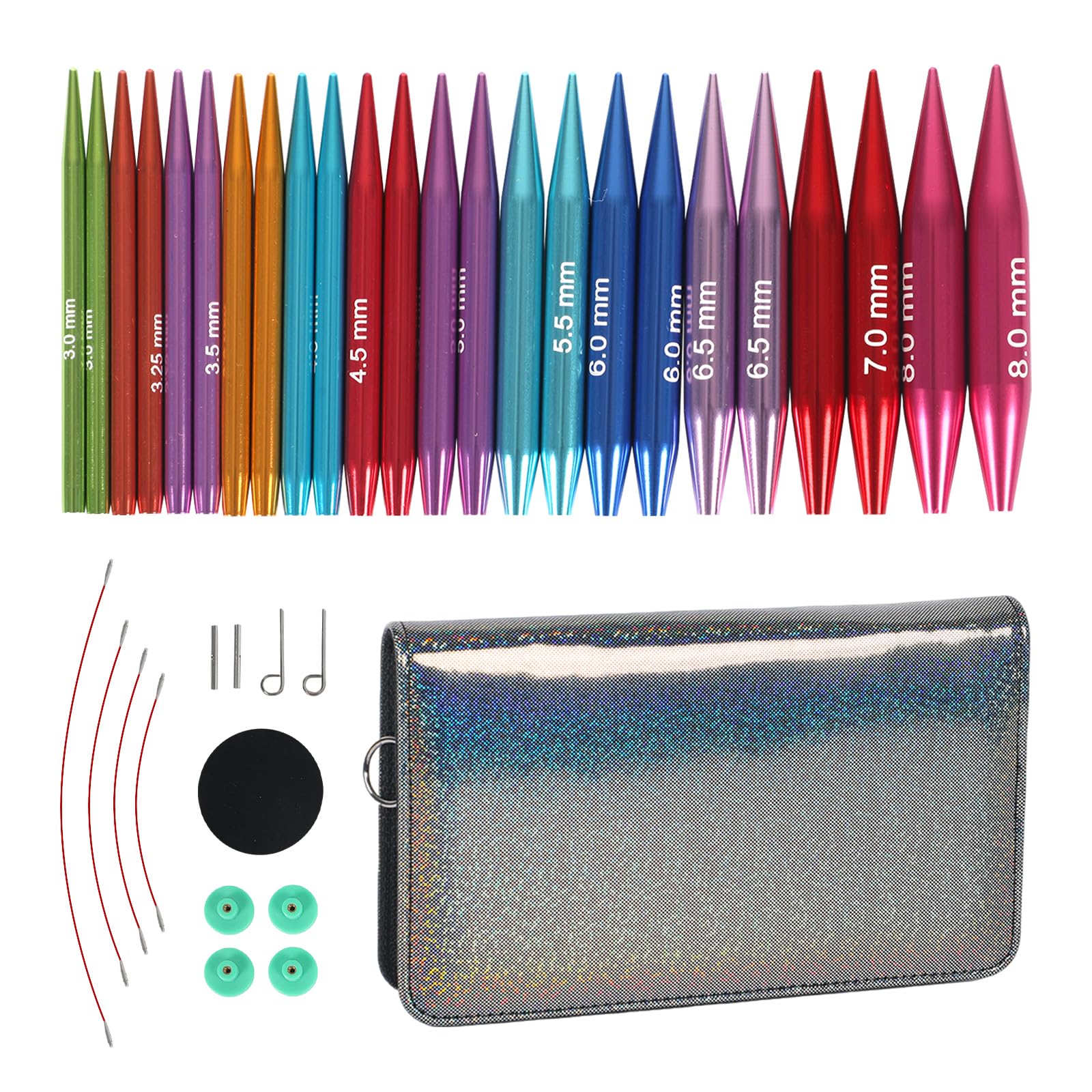 Juego de agujas circulares intercambiables con 12 pares de agujas de tejer cortas de aluminio (5,5 cm) de grosor 3-8 mm para calcetines, incluye cables, accesorios, bolsa