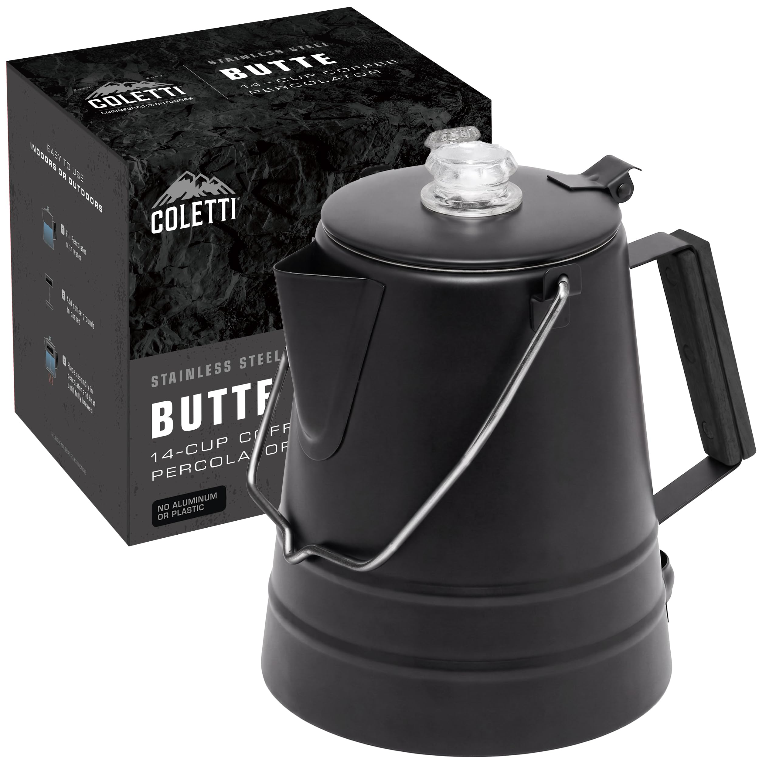 COLETTI Butte Coffee Percolator Camping — Percolator Coffee Pot, NO Aluminum or Plastic [Black-14 Cup]
