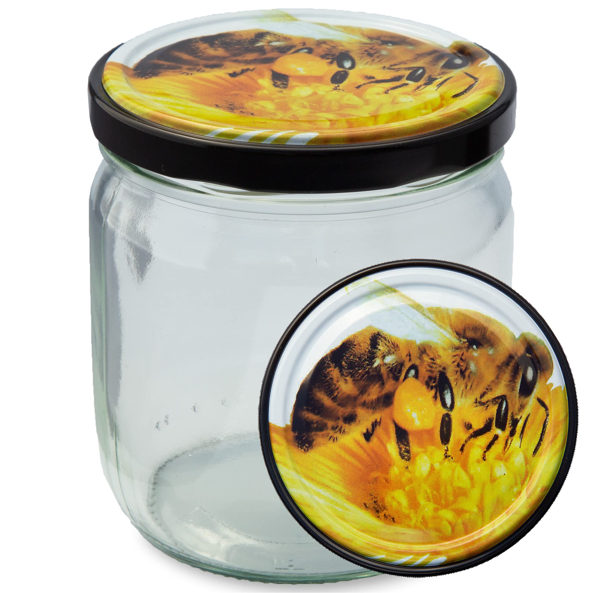 Twist-Off-Gläser (36 Stk) mit Metalldeckel (500g), abgerundeter Boden, Honigglas, Marmeladenglas (Deckel: Biene)