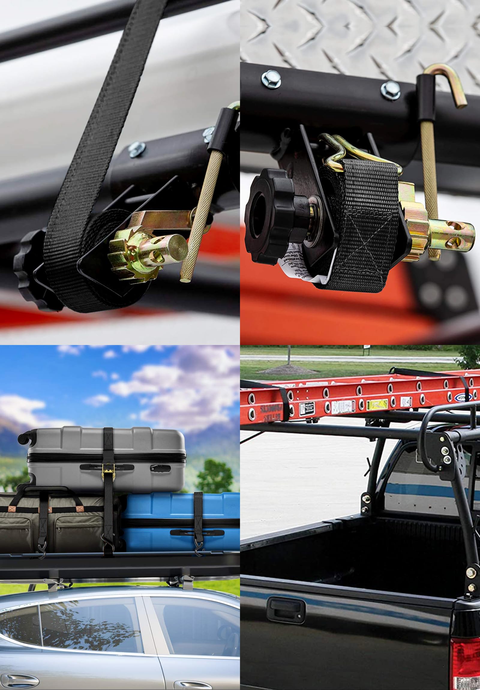 Ladder Rack Ratchet Straps with JHook (Pair), 1.4" Black Square Tube Mount, 1.5" Wide x 7.5