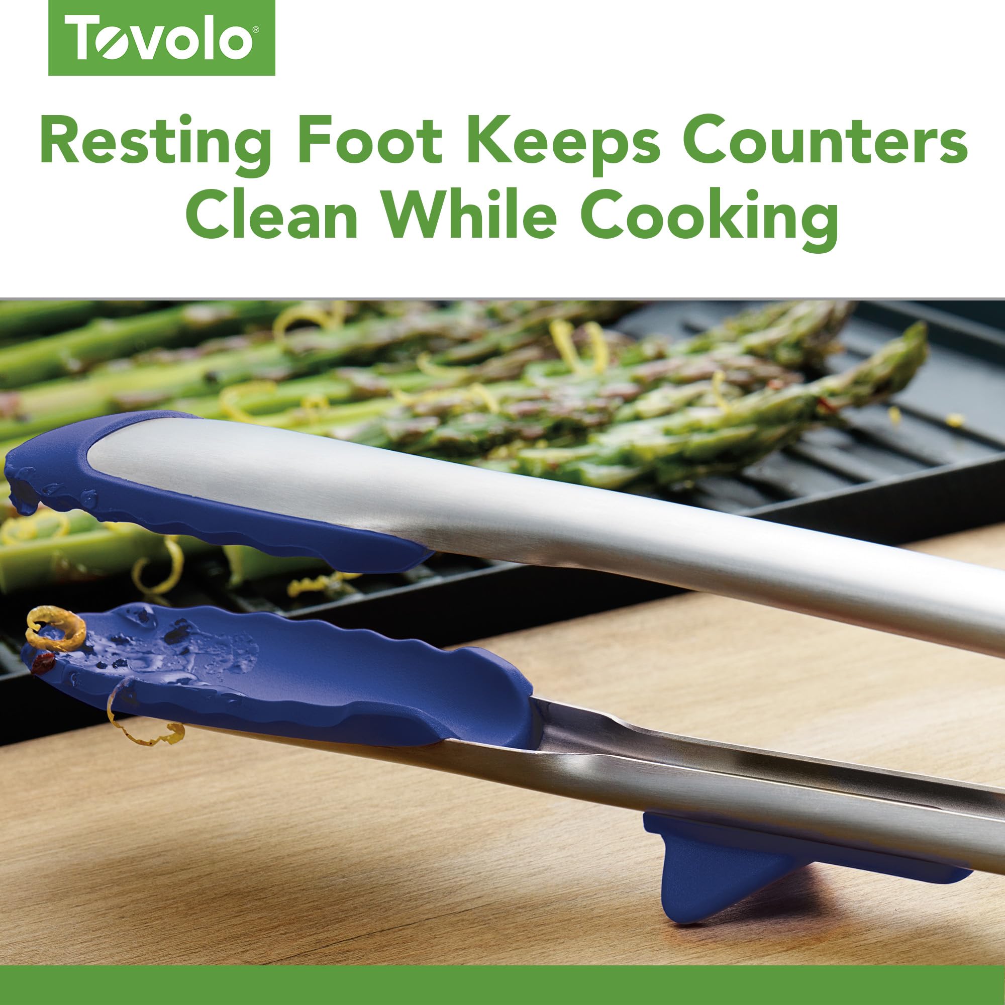 Tovolo Pinzas de cocina de fácil agarre para cocinar con puntas de silicona, mecanismo de bloqueo fácil, utensilios de cocina con pie de descanso, puntas de silicona resistentes al calor y sin BPA