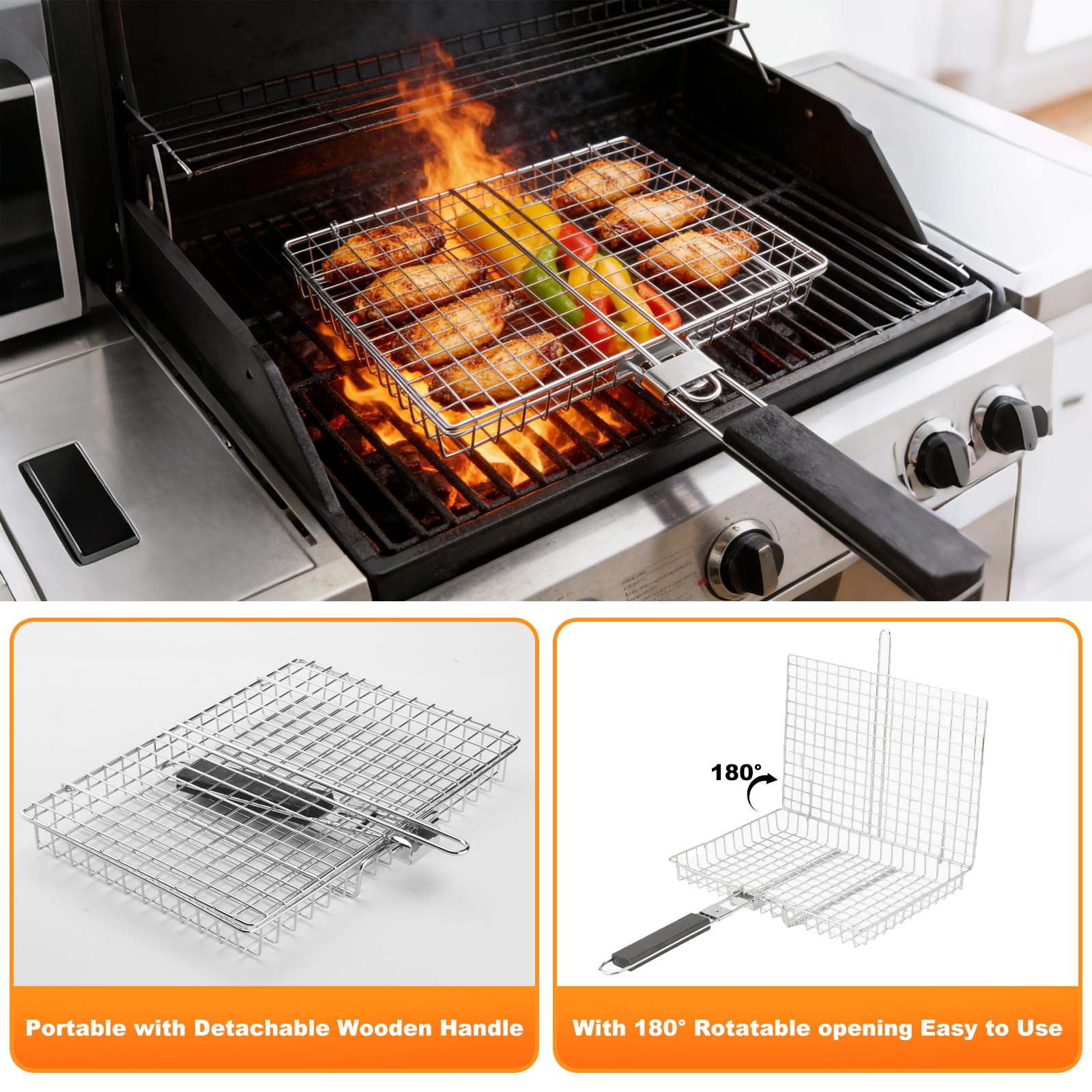 Grillkorb, Faltbare Tragbar Grillkörbe aus Edelstahl mit Aufbewahrungsbeutel, Fischgrillgitter mit Abnehmbarem Griff und Bürsten, Grillhalter für Fisch, Gemüse, Fleisch