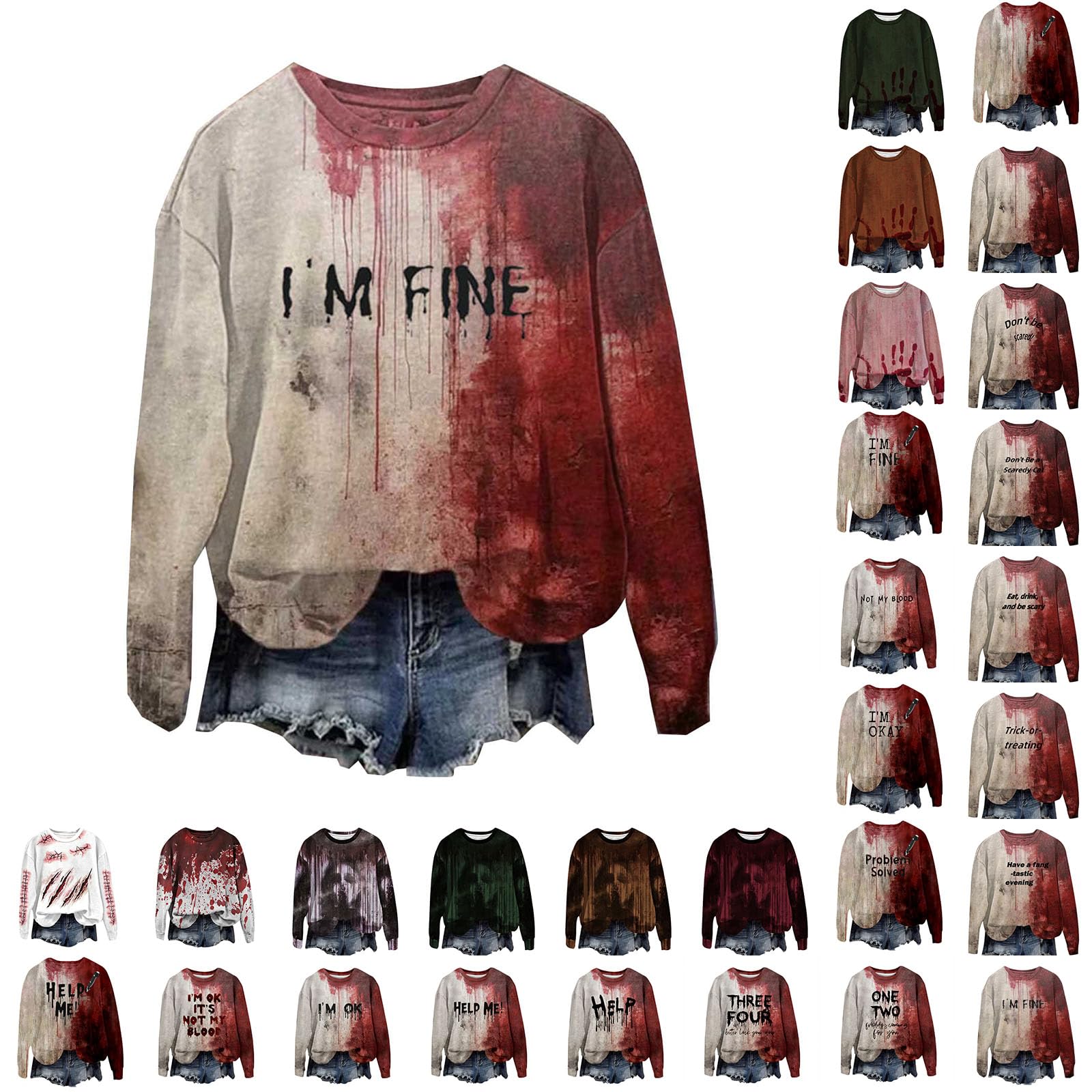 I'm Fine Bloody Shirt Women Funny Halloween Sweatshirt for Women Long Sleeve Blood Horror Clothes Blood Splatter Top