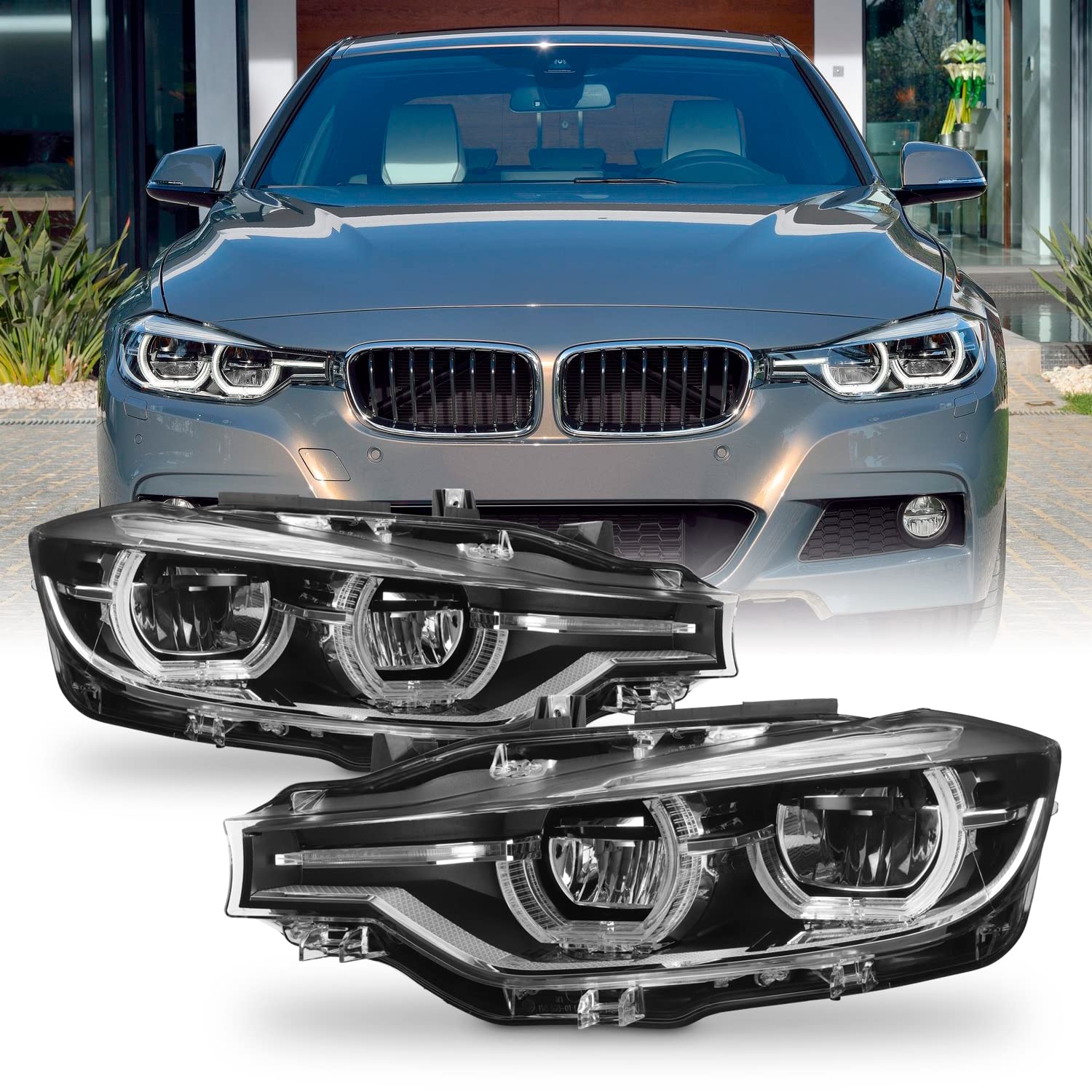 AKKON - Fits 2016 2017 2018 BMW 3 Series F35 [Full LED] Projector Black HeadLamps Driver+Passenger w/Tube Signal Parking