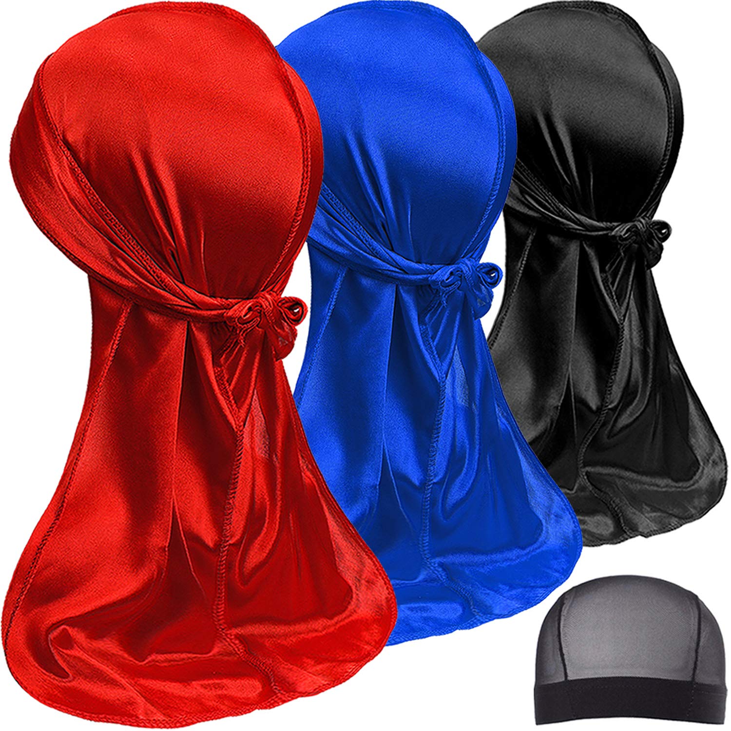 Silky Durag Pack for Men Waves, Satin Doo Rag for 360 540 720 Waves, (3 Packs)-red,blue,black, 5-5 7/8