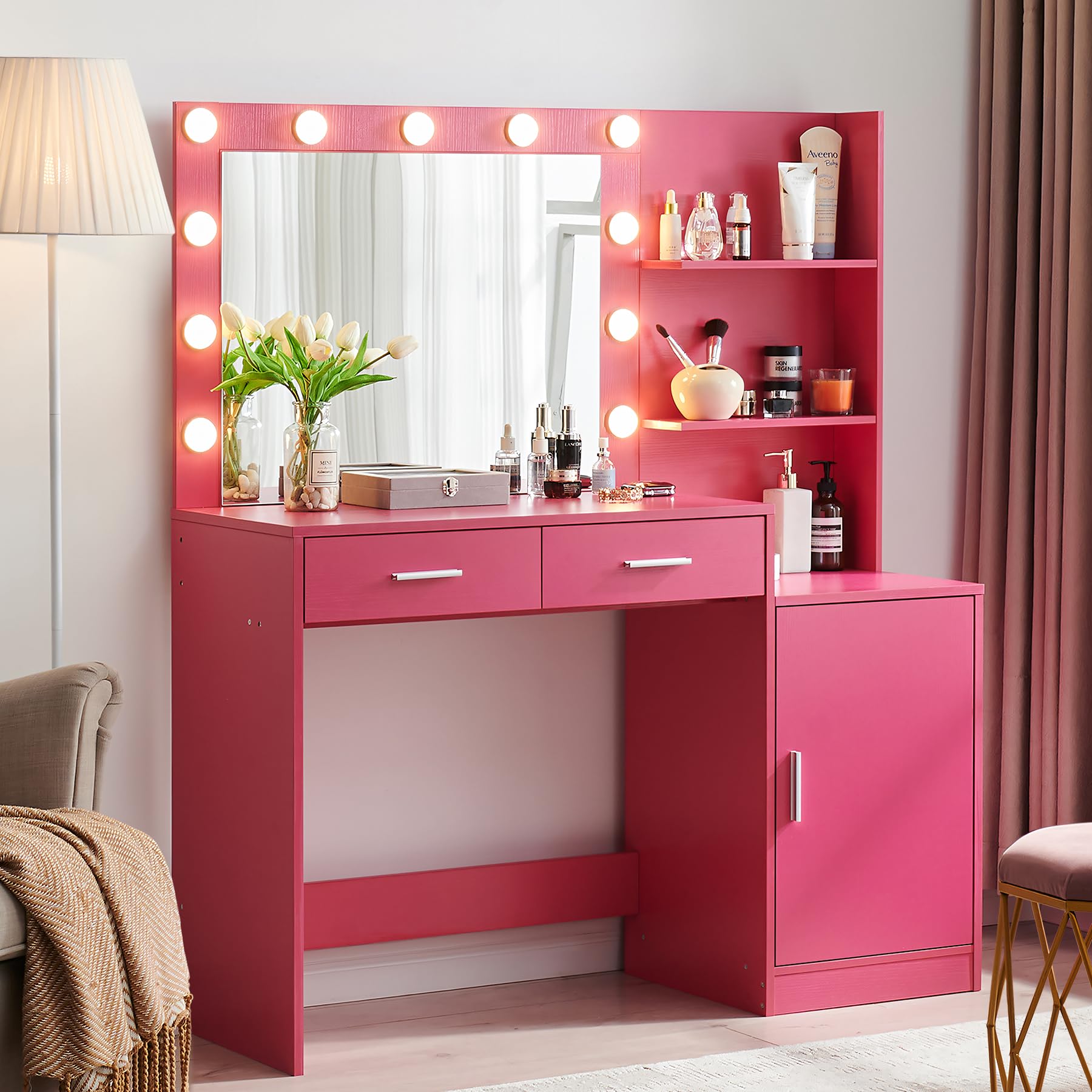 MIRROTOWEL 46.7" Vanity Desk with Mirror & LED Lights, Dressing Table with 2 Large Drawers & Vertical Organizer, 3-Tier Storage, 3 Adjustable Lighting Modes, Makeup Desk for Bedroom