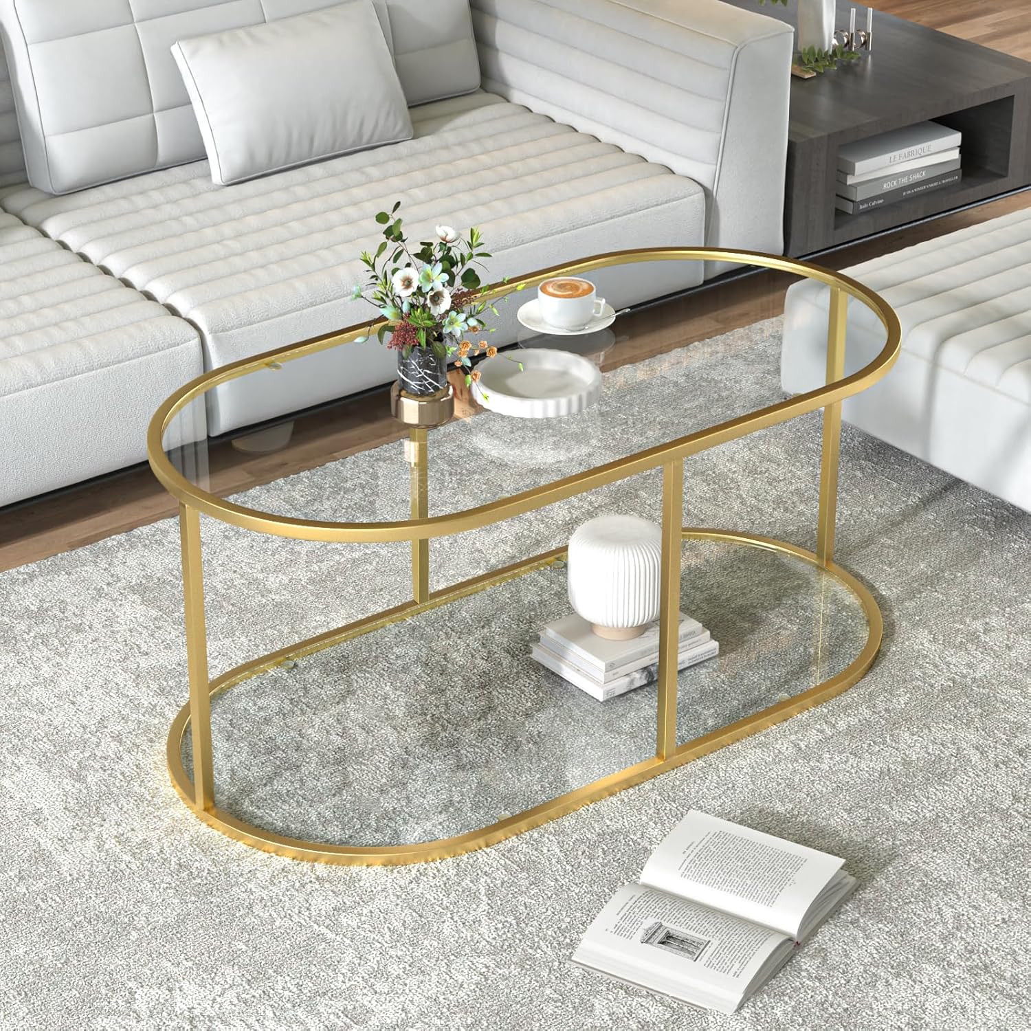 Coffee Table Gold Glass Coffee Table for Living Room,2 Tiers Oval Center Table with Sturdy Metal Frame,Modern Tempered Glass Accent Table for Bedroom Home Office 2-tier Gold